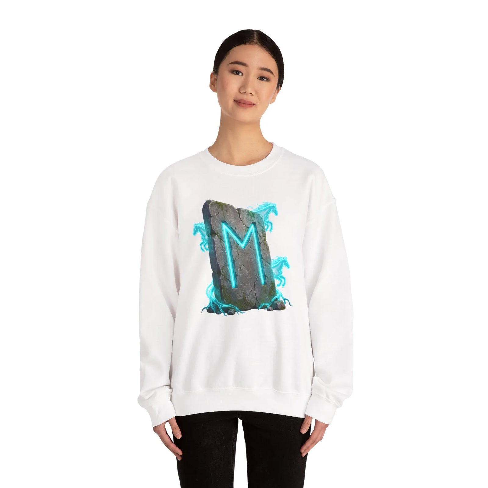 Ehwaz Rune Spirit Horse Sweatshirt - Heavy Blend Classic Fit Crewneck - Unisex White