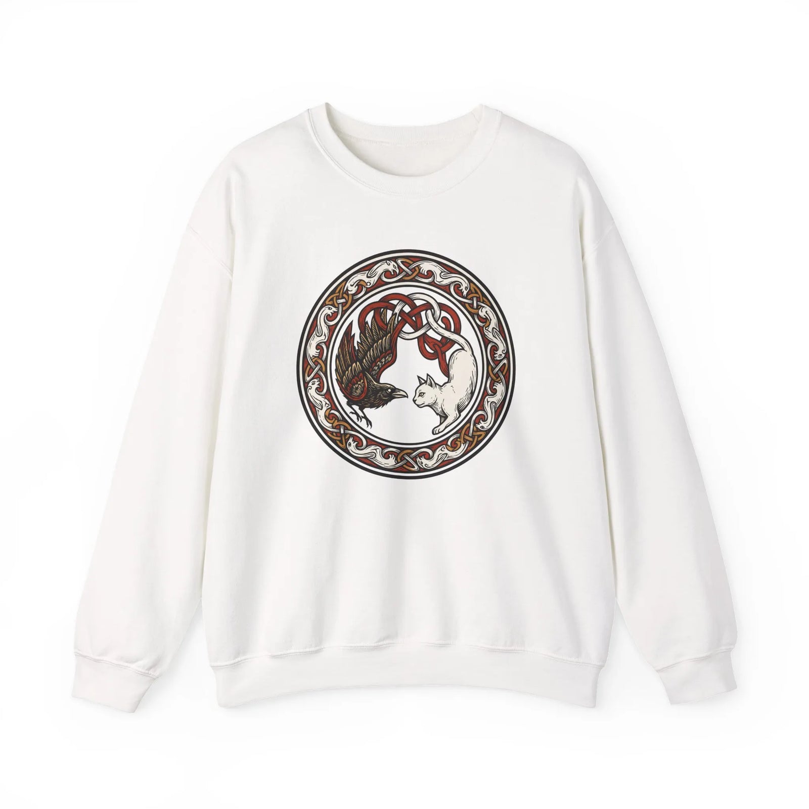 Norse Woodcut Cat & Raven Sweatshirt - Classic Fit Heavy Blend Crewneck - Unisex White