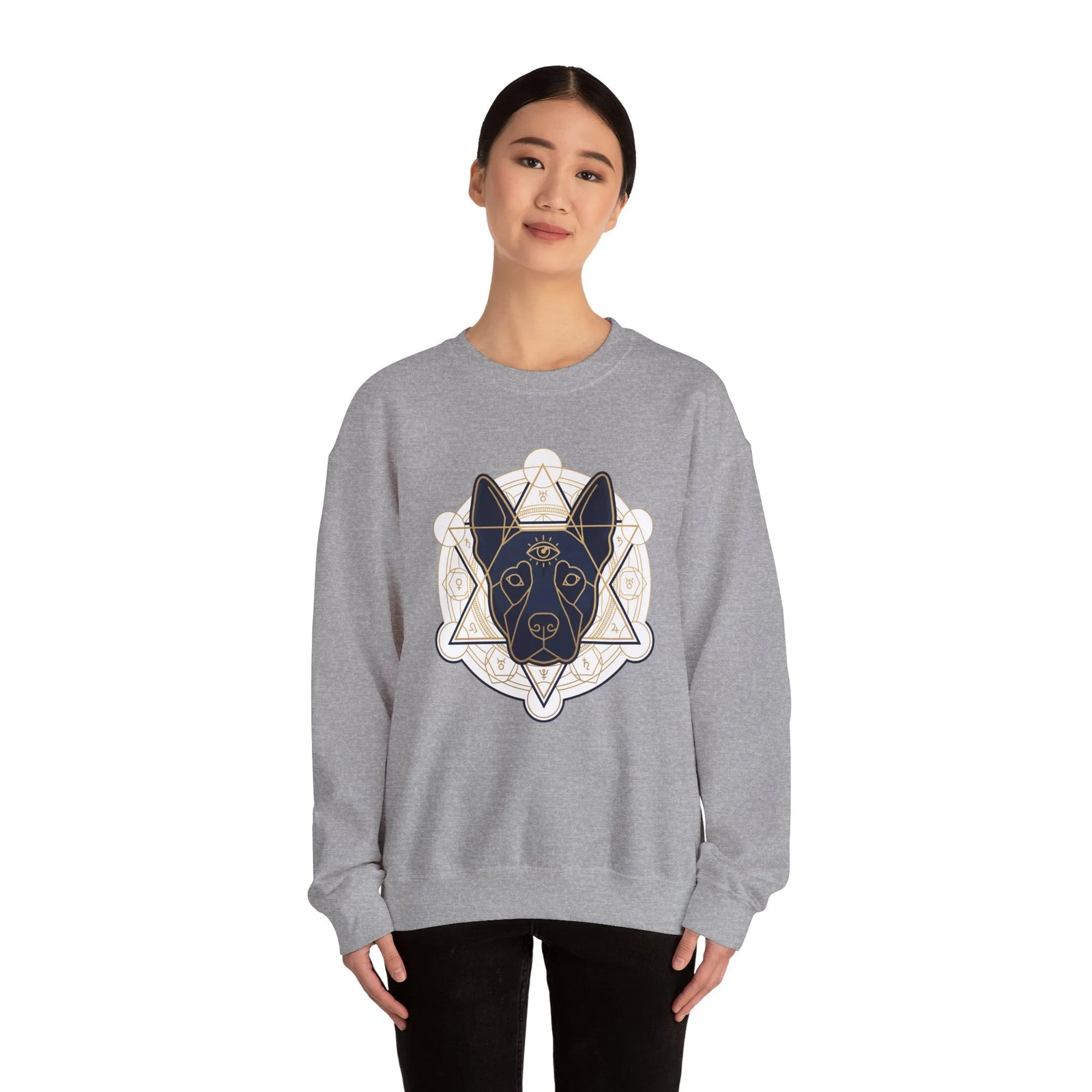 Third Eye Sacred Geometry Spirit Dog Sweatshirt - Heavy Blend Cotton Polyester Crewneck - Unisex White