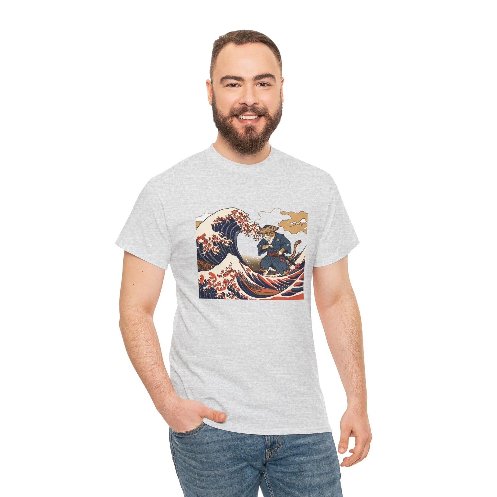 Ronin & Wave Ukiyo-e Cat T-Shirt - Heavy Cotton Classic Fit Tee - Unisex White