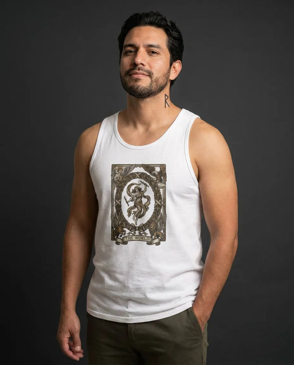 The World Tarot Card Graphic Tank Top - Lightweight Ringspun Cotton Jersey - Unisex Athletic Heather