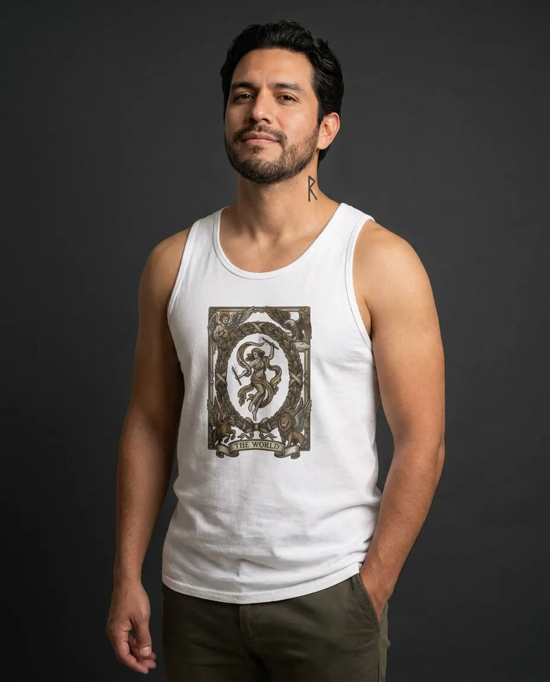 The World Tarot Card Graphic Tank Top - Lightweight Ringspun Cotton Jersey - Unisex Athletic Heather