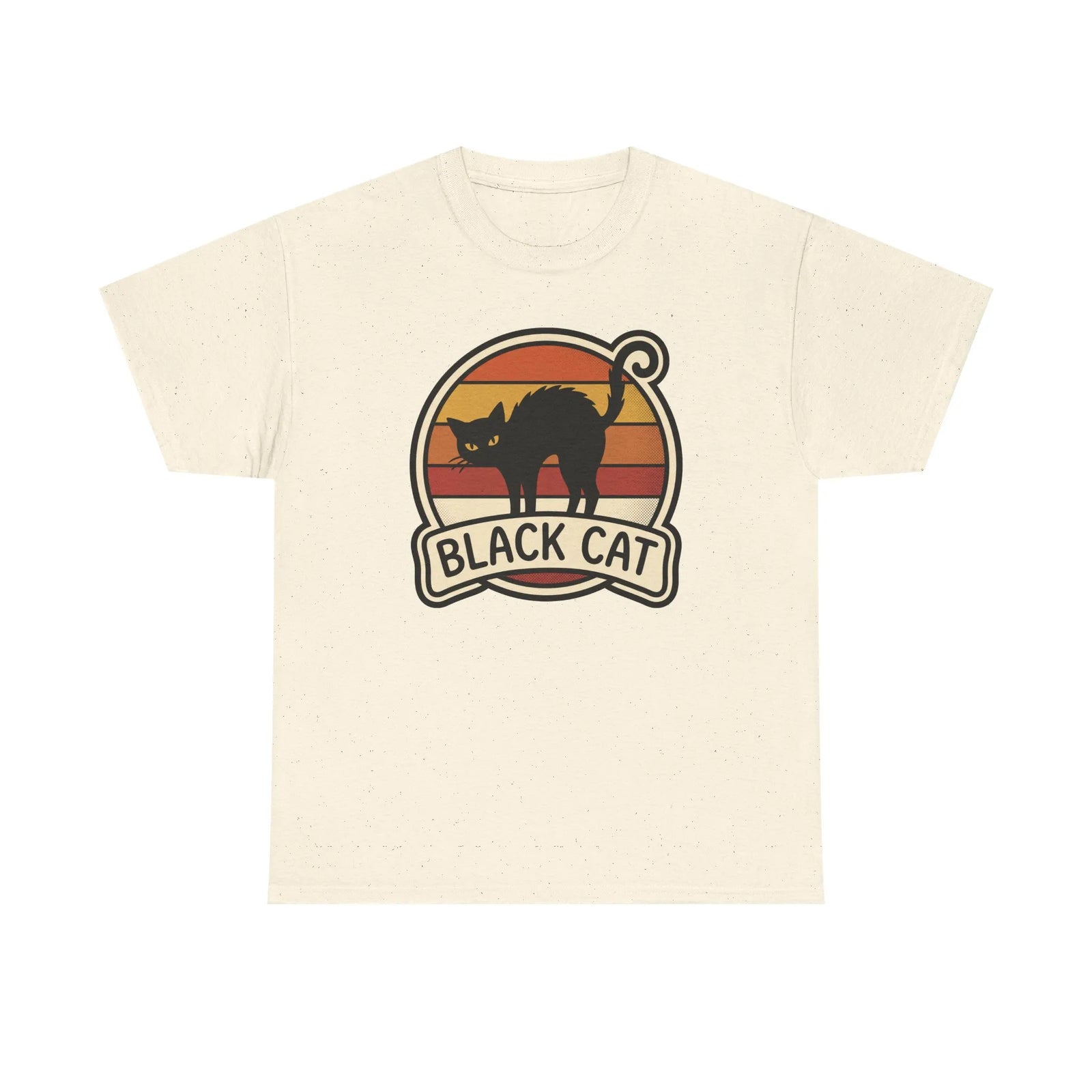 Black Cat Retro Sunset T-Shirt - Heavyweight 100% Cotton Classic Tee - Unisex White