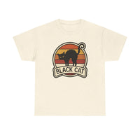 Black Cat Retro Sunset T-Shirt - Heavyweight 100% Cotton Classic Tee - Unisex White