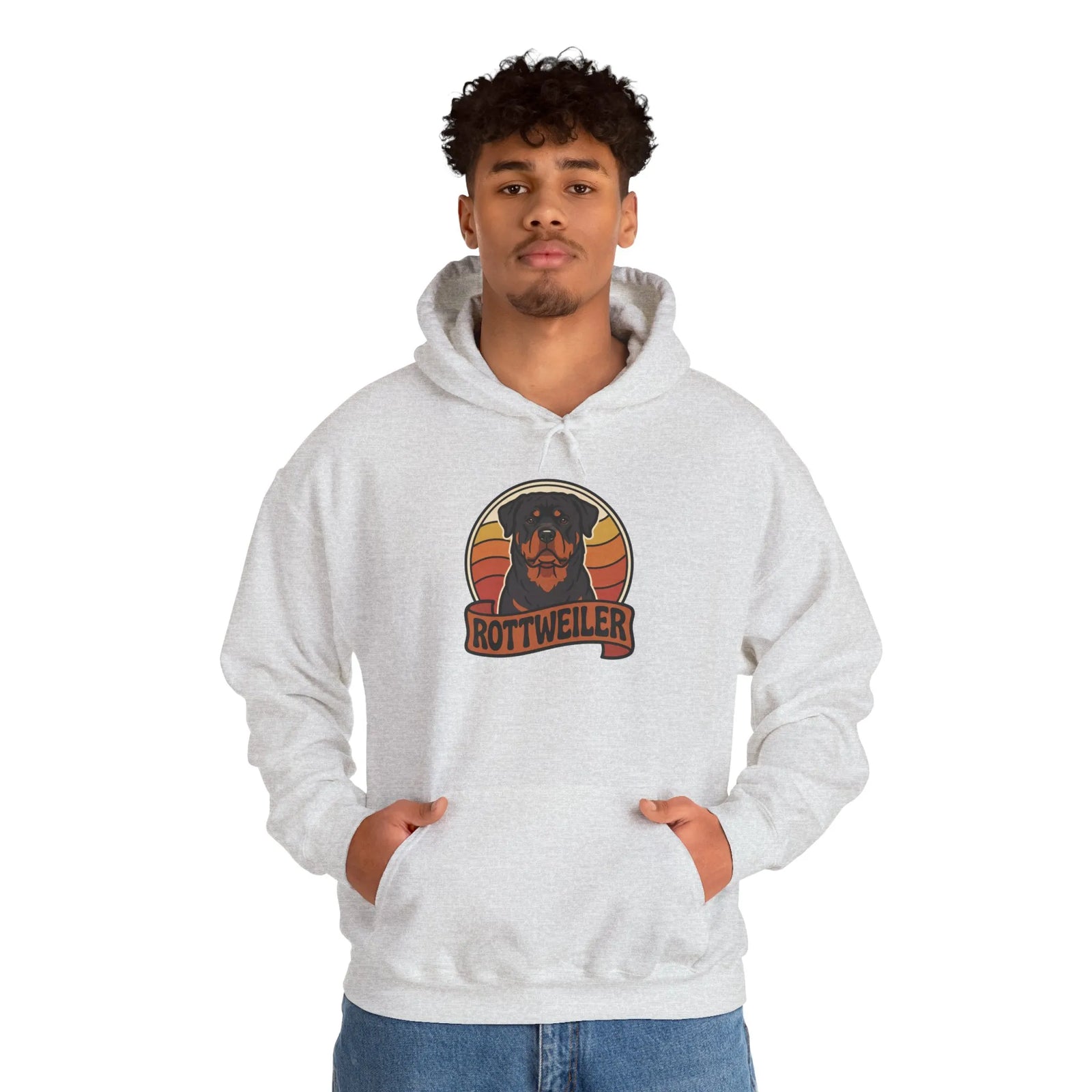 Rottweiler Retro 70s Sunset Hoodie - Soft Blend Classic Fit Pullover - Unisex White