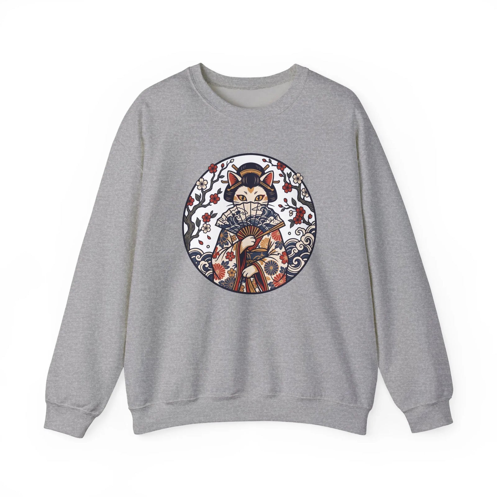 Ukiyo-e Samurai Cats Fan Dancer Sweatshirt - Heavy Blend Fleece Crewneck - Unisex White