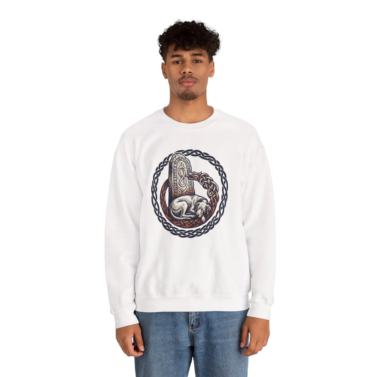 Norse Runestone Hound Odin's Wolves Sweatshirt - Medium-Heavy Cotton Blend Crewneck - Unisex White