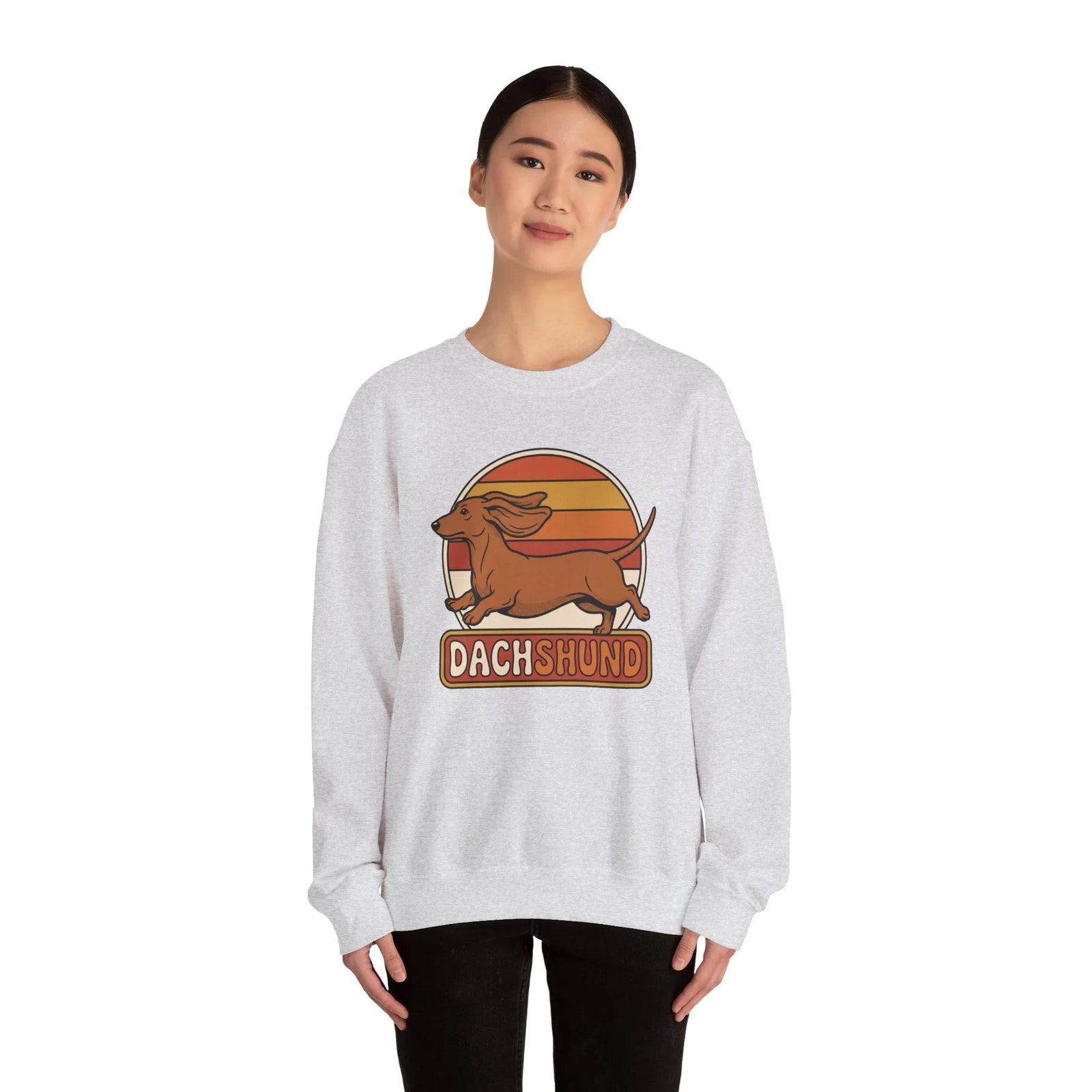 Retro 70s Sunset Dachshund Sweatshirt - Heavy Blend Cotton Blend Crewneck - Unisex White