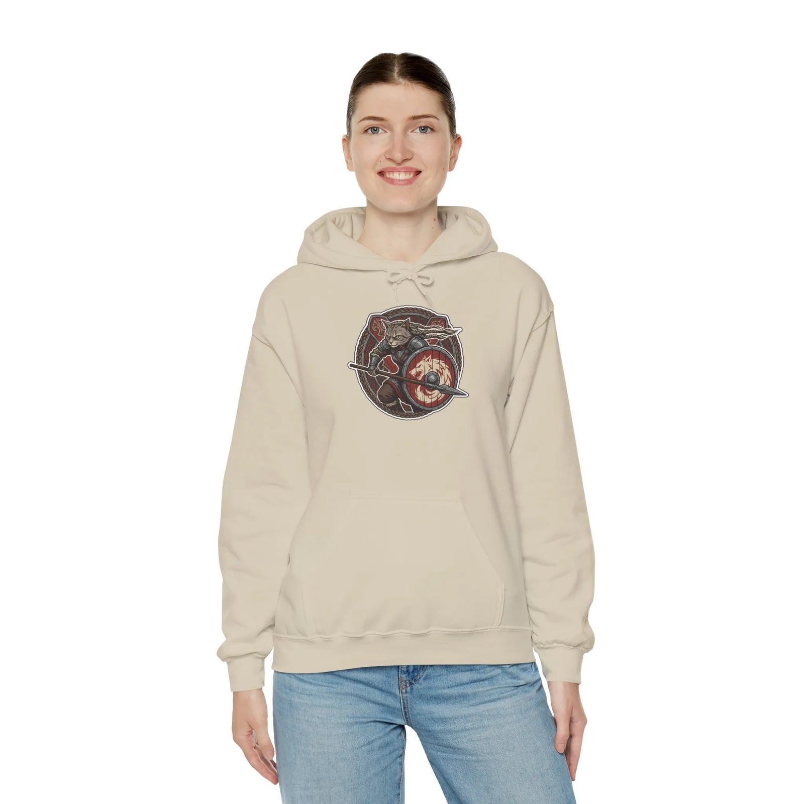 Viking Berserker Cat Shieldmaiden Hoodie - Heavy Blend Fleece Pullover - Unisex White