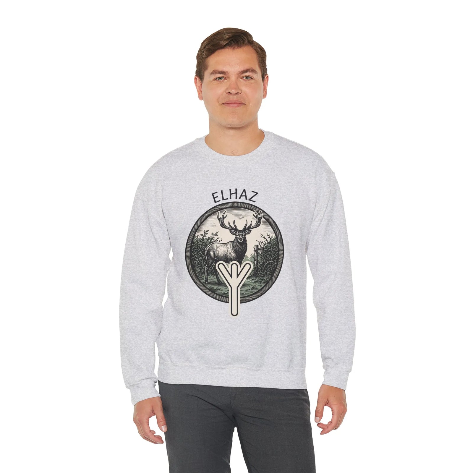 Elhaz Rune Protection Stag Sweatshirt - Medium-Heavy Cotton-Poly Crewneck - Unisex White