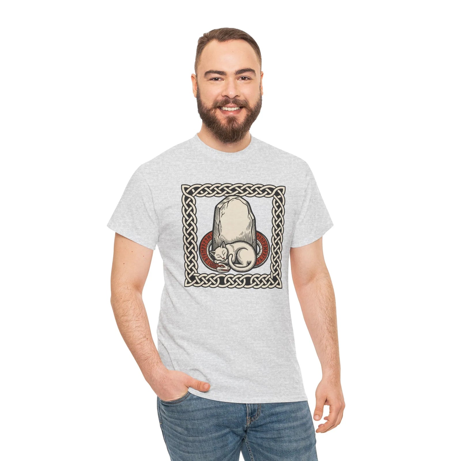Freyja's Sacred Cat Runestone T-Shirt - Heavy Cotton Classic Fit Tee - Unisex White