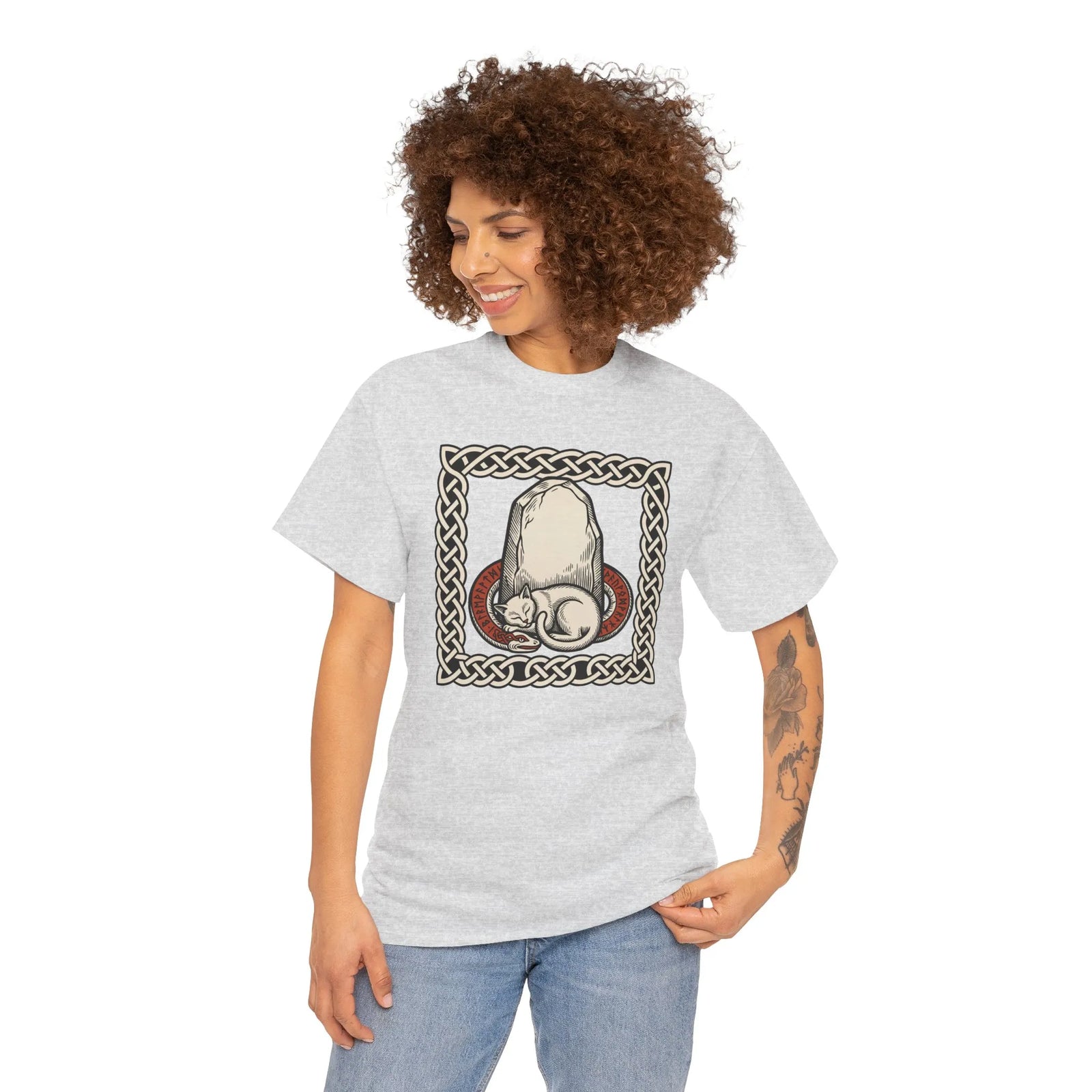Freyja's Sacred Cat Runestone T-Shirt - Heavy Cotton Classic Fit Tee - Unisex White