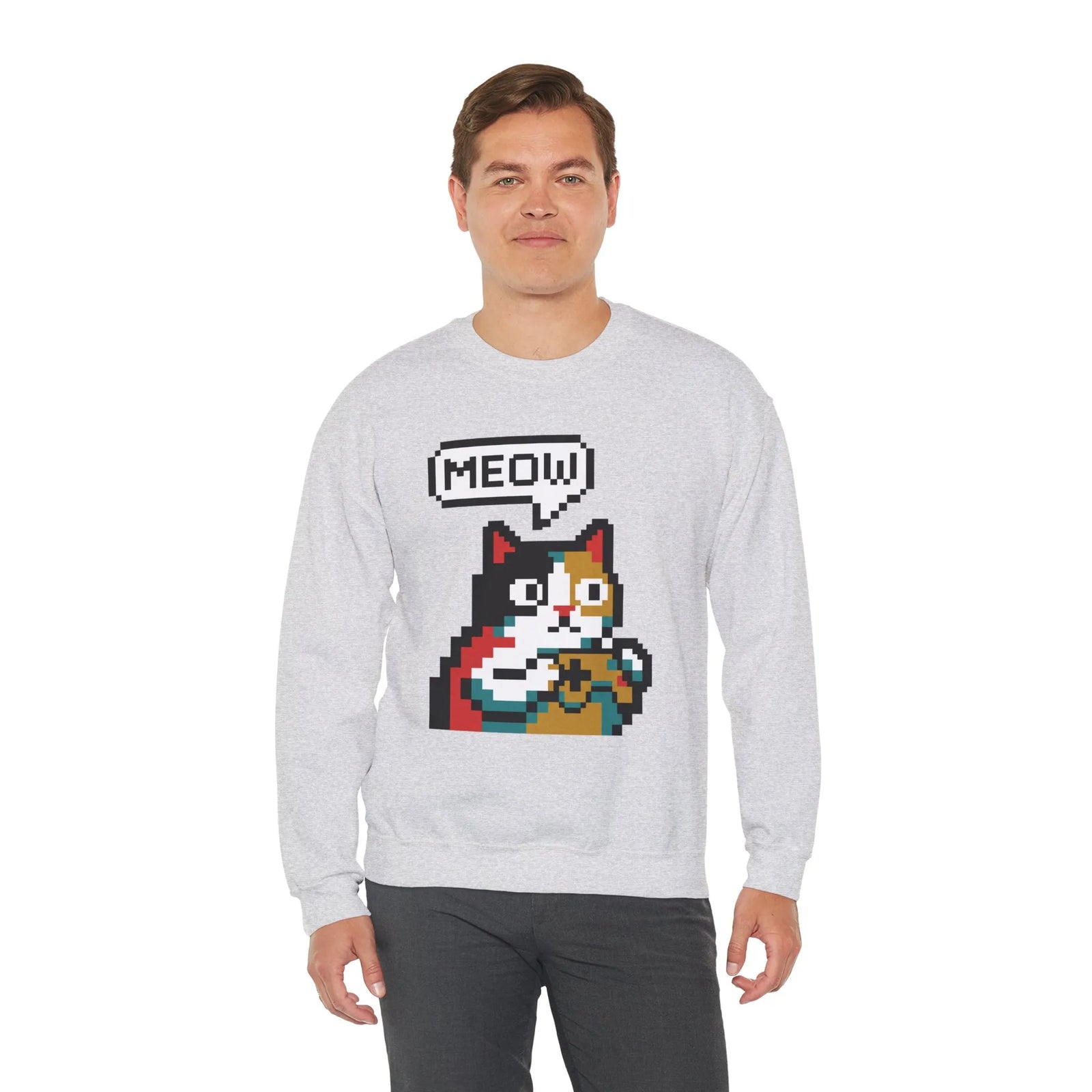 8-Bit Pixel Gaming Cat Sweatshirt - Heavy Blend Crewneck Classic Fit - Unisex White