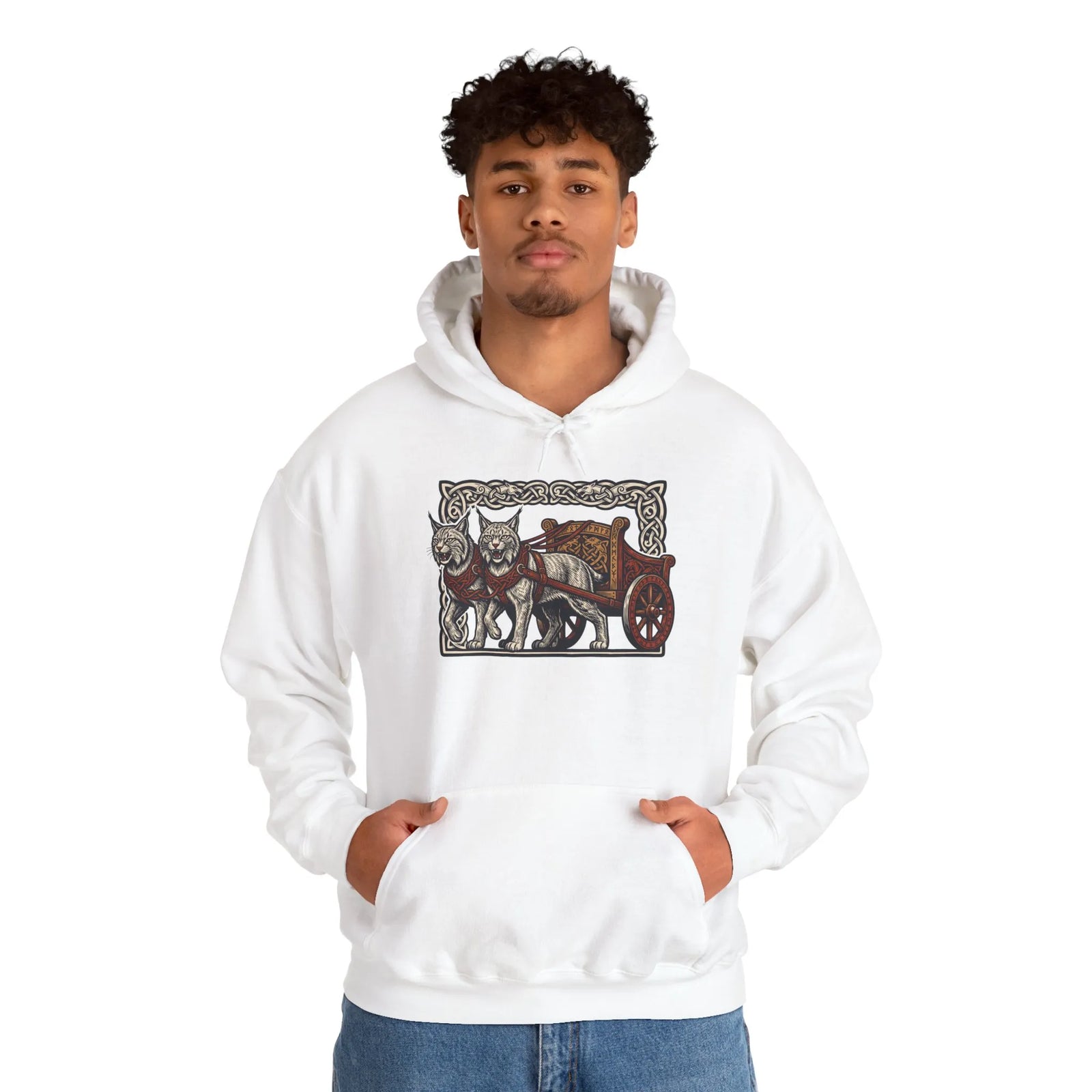 Freyja's Sacred Cats Chariot Graphic Hoodie - Cozy Fleece Pullover Hoodie - Unisex Off White