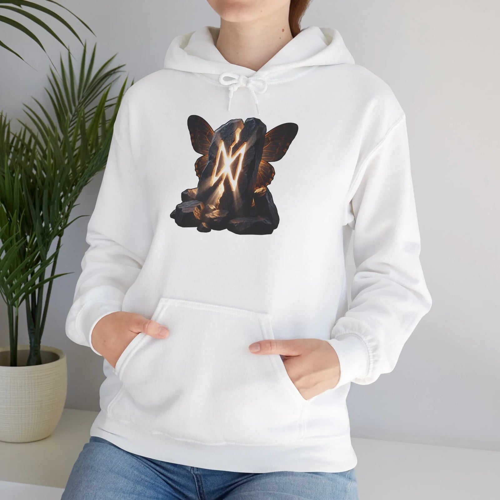 Dagaz Rune Butterfly Graphic Hoodie - Heavy Blend Fleece Pullover - Unisex White