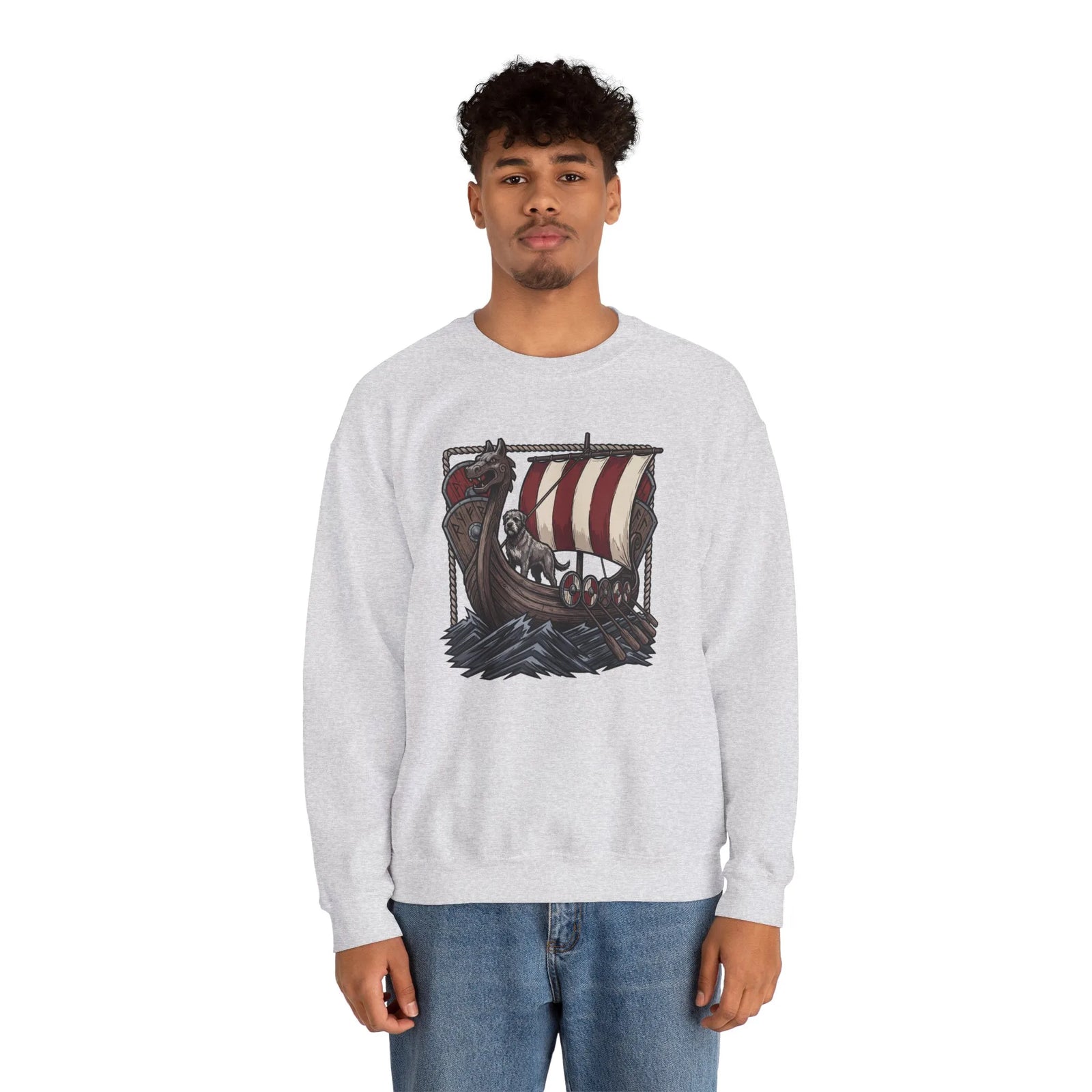 Viking Berserker Dogs Longship Prow Sweatshirt - Heavy Blend Cotton Poly Crewneck - Unisex White