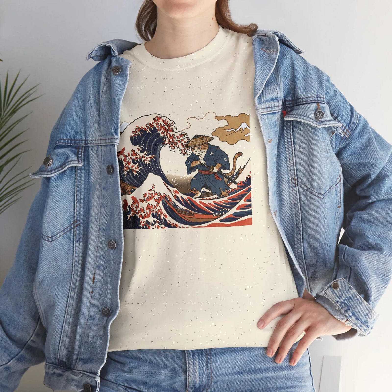 Ronin & Wave Ukiyo-e Cat T-Shirt - Heavy Cotton Classic Fit Tee - Unisex White