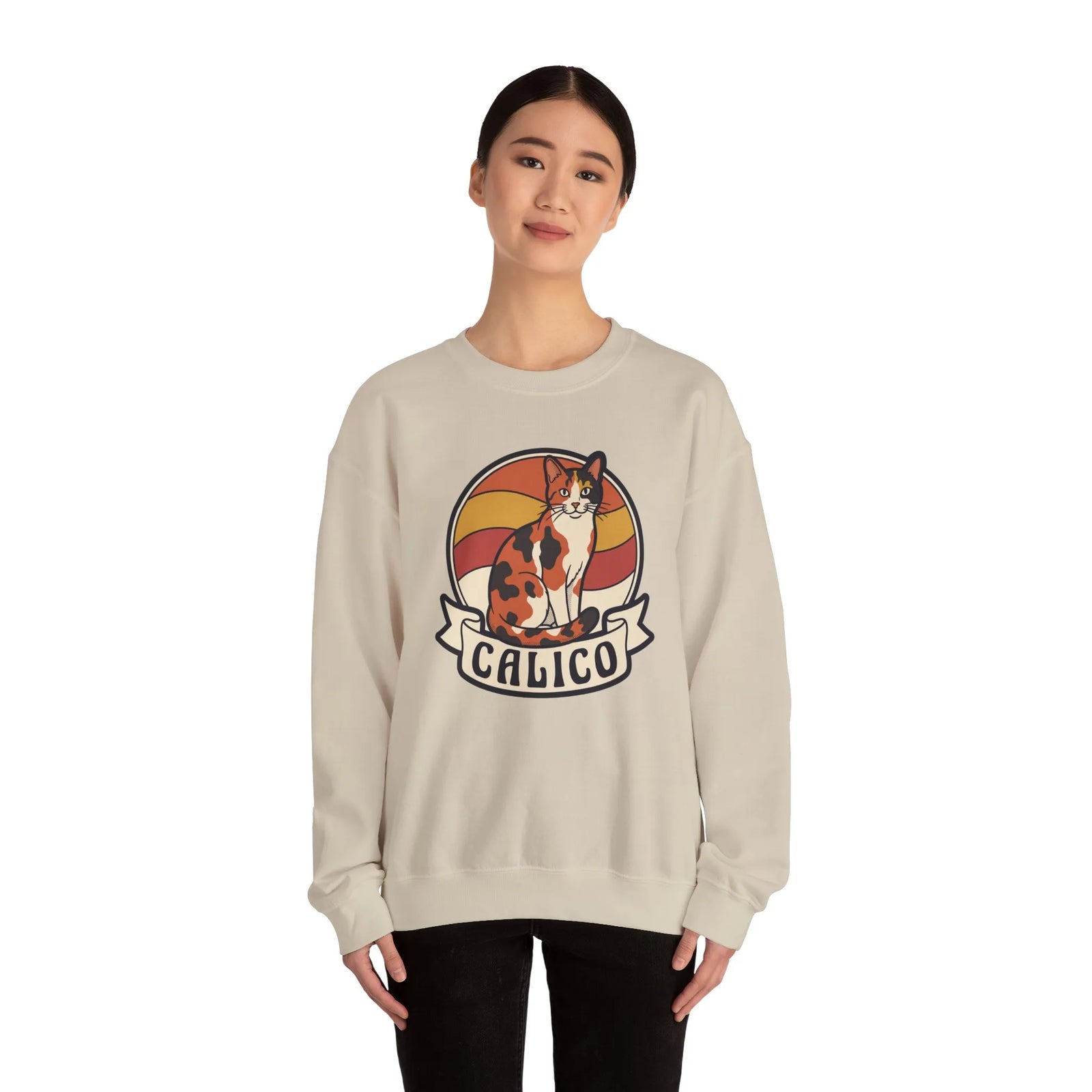 Calico Cat Retro 70s Sunset Sweatshirt - Heavy Blend Classic Fit Fleece - Unisex White