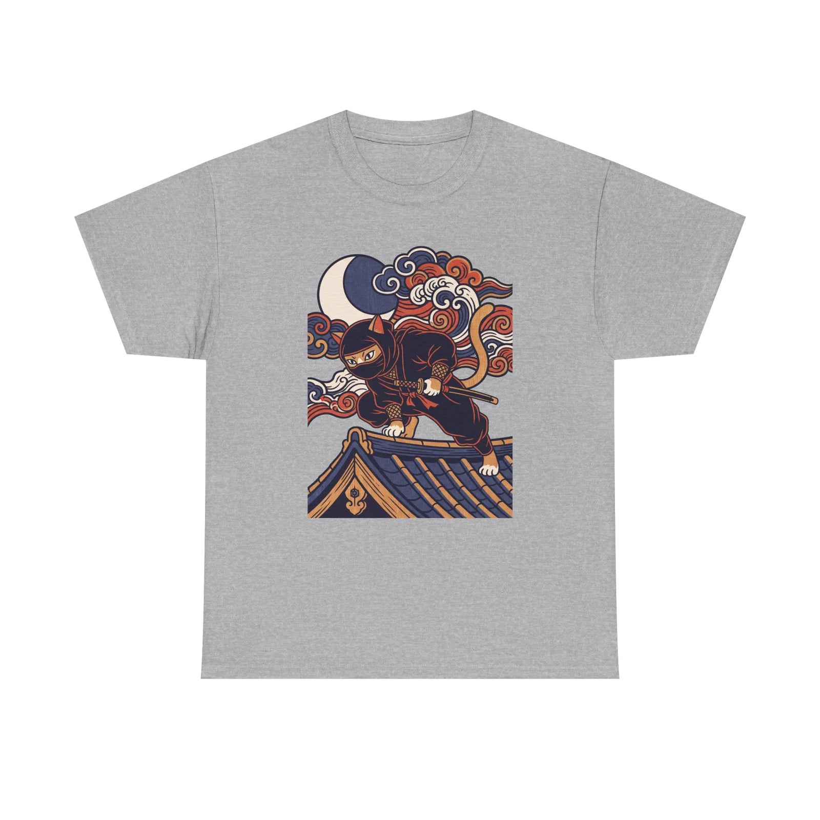 Ukiyo-e Samurai Cat Ninja T-Shirt - 100% Cotton Classic Fit Tee - Unisex White