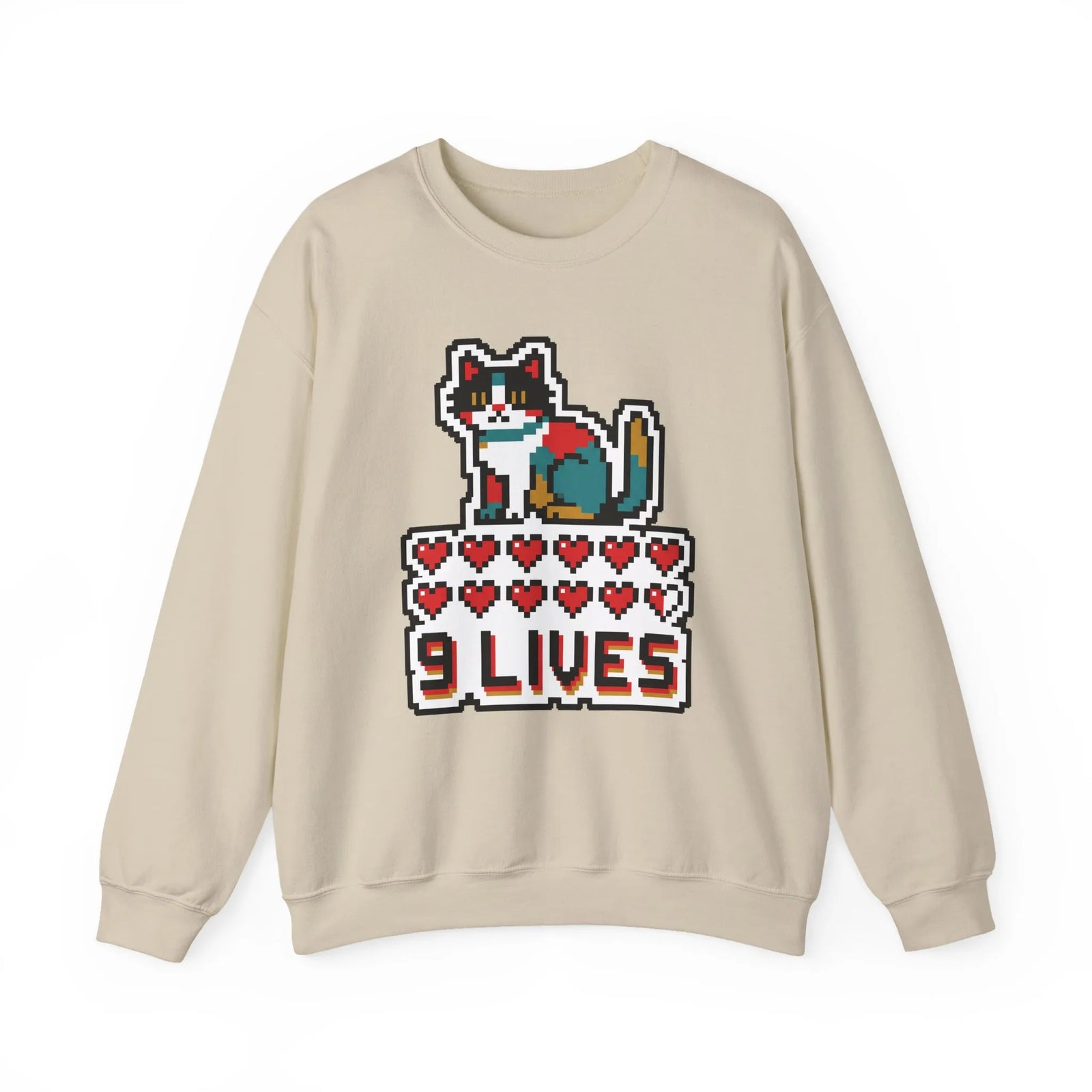 Nine Lives 8-Bit Pixel Gaming Cat Sweatshirt - Heavy Blend Fleece Crewneck - Unisex White