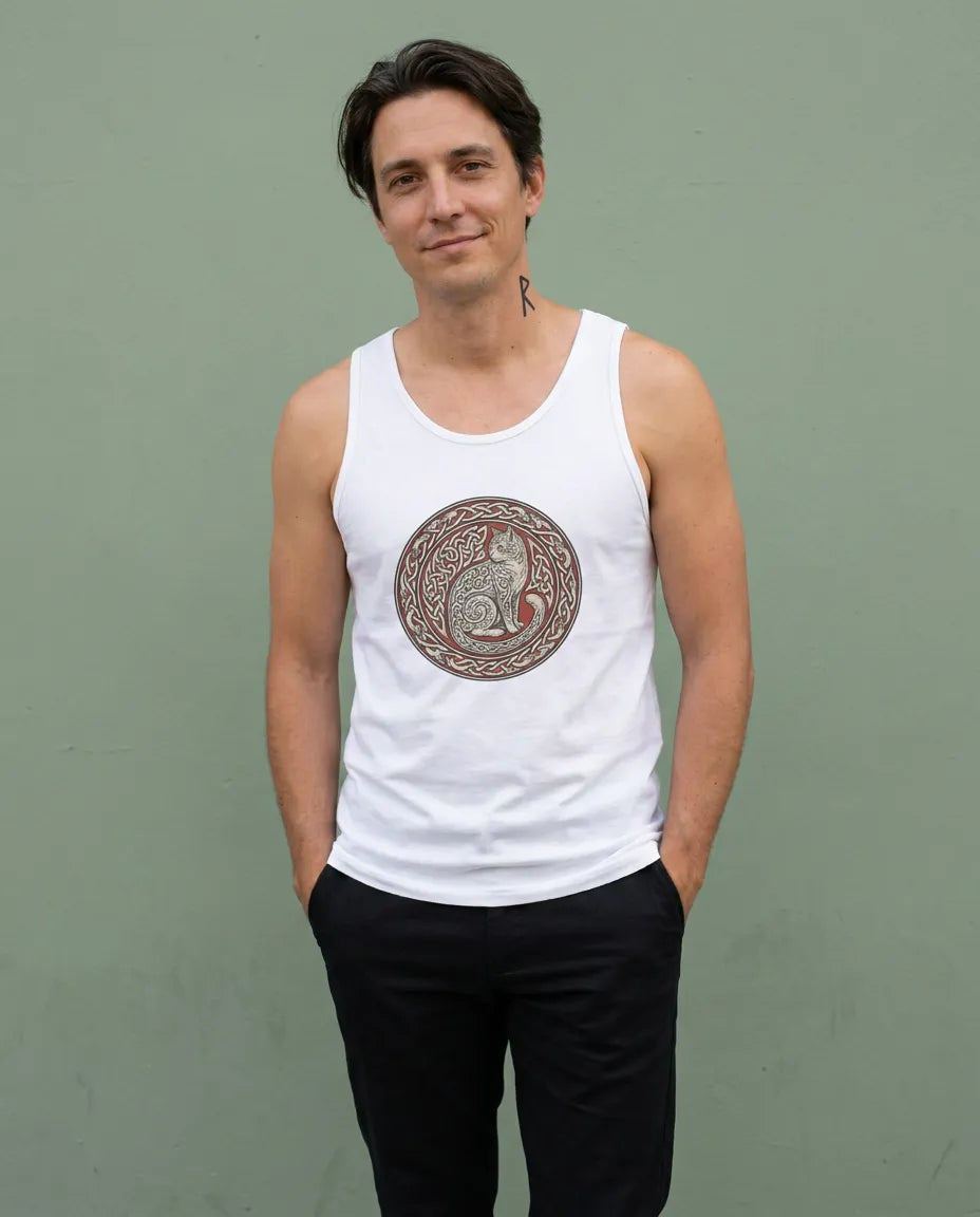 Freyja's Knotwork Cat Tank Top - Lightweight Cotton Jersey Retail Fit - Unisex White