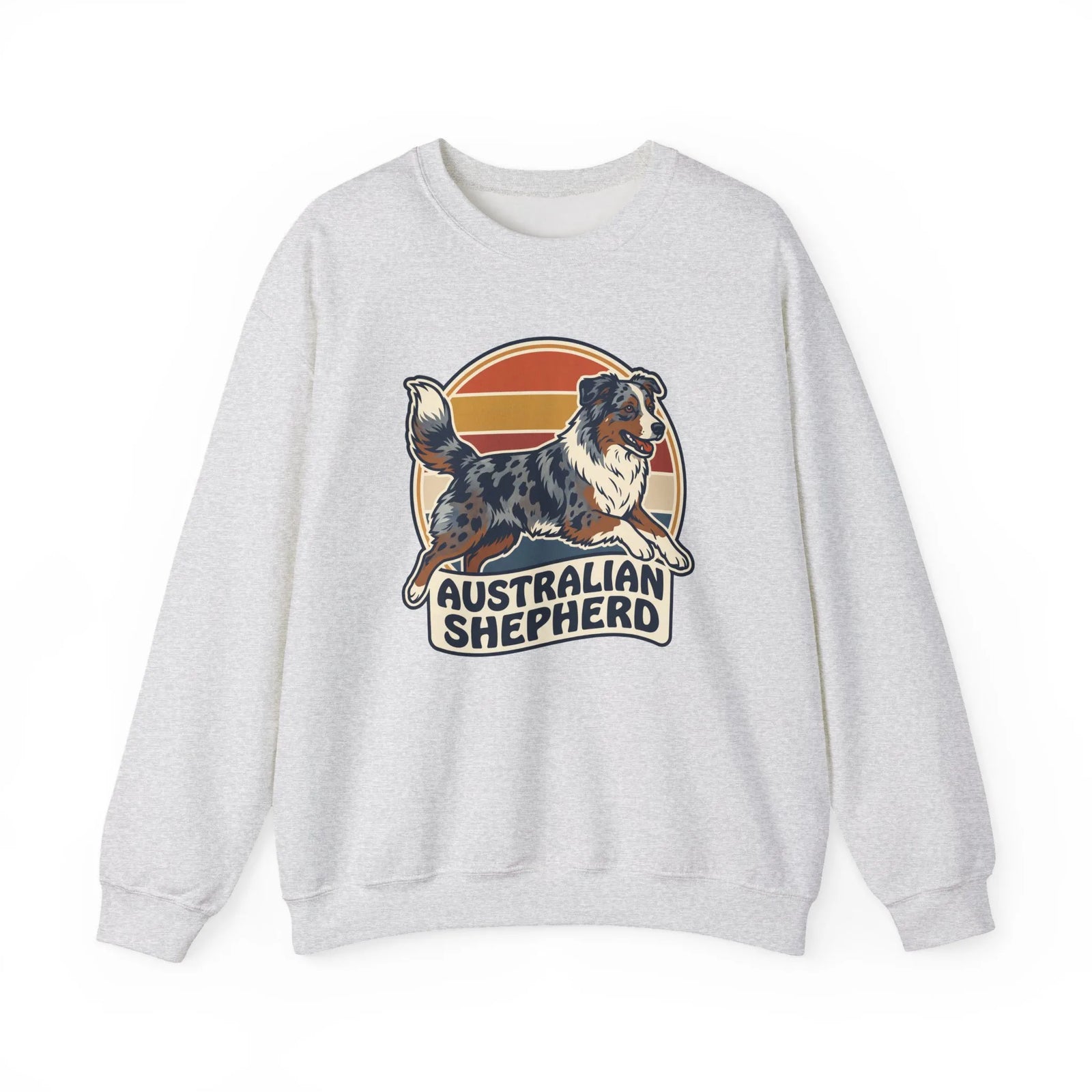 Australian Shepherd Retro 70s Sunset Sweatshirt - Heavy Blend Cotton Poly Crewneck - Unisex White