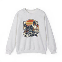 Australian Shepherd Retro 70s Sunset Sweatshirt - Heavy Blend Cotton Poly Crewneck - Unisex White