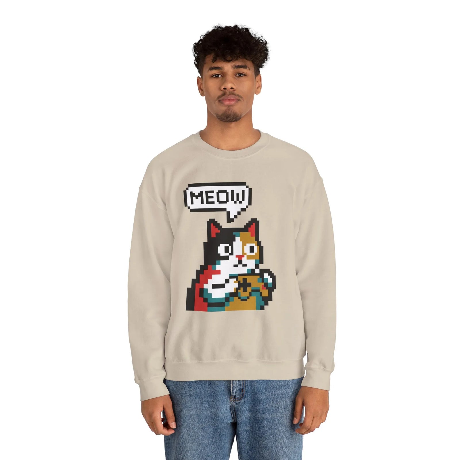 8-Bit Pixel Gaming Cat Sweatshirt - Heavy Blend Crewneck Classic Fit - Unisex White