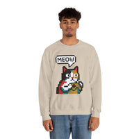 8-Bit Pixel Gaming Cat Sweatshirt - Heavy Blend Crewneck Classic Fit - Unisex White