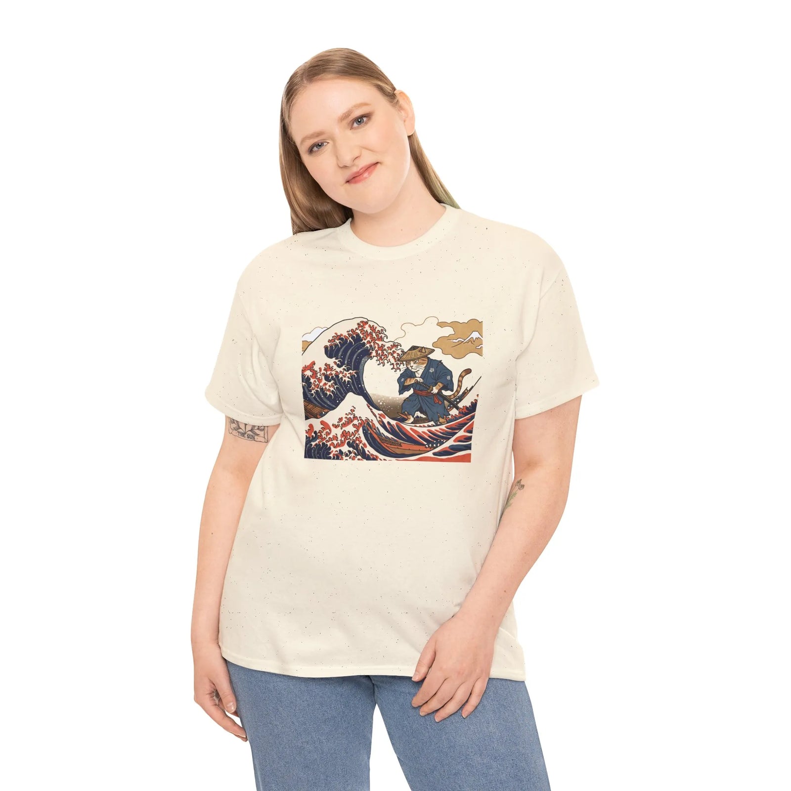 Ronin & Wave Ukiyo-e Cat T-Shirt - Heavy Cotton Classic Fit Tee - Unisex White