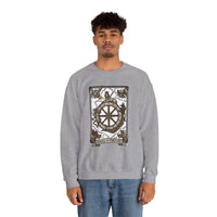 Wheel of Fortune Tarot Card Sweatshirt - Heavy Blend Crewneck Fleece - Unisex White