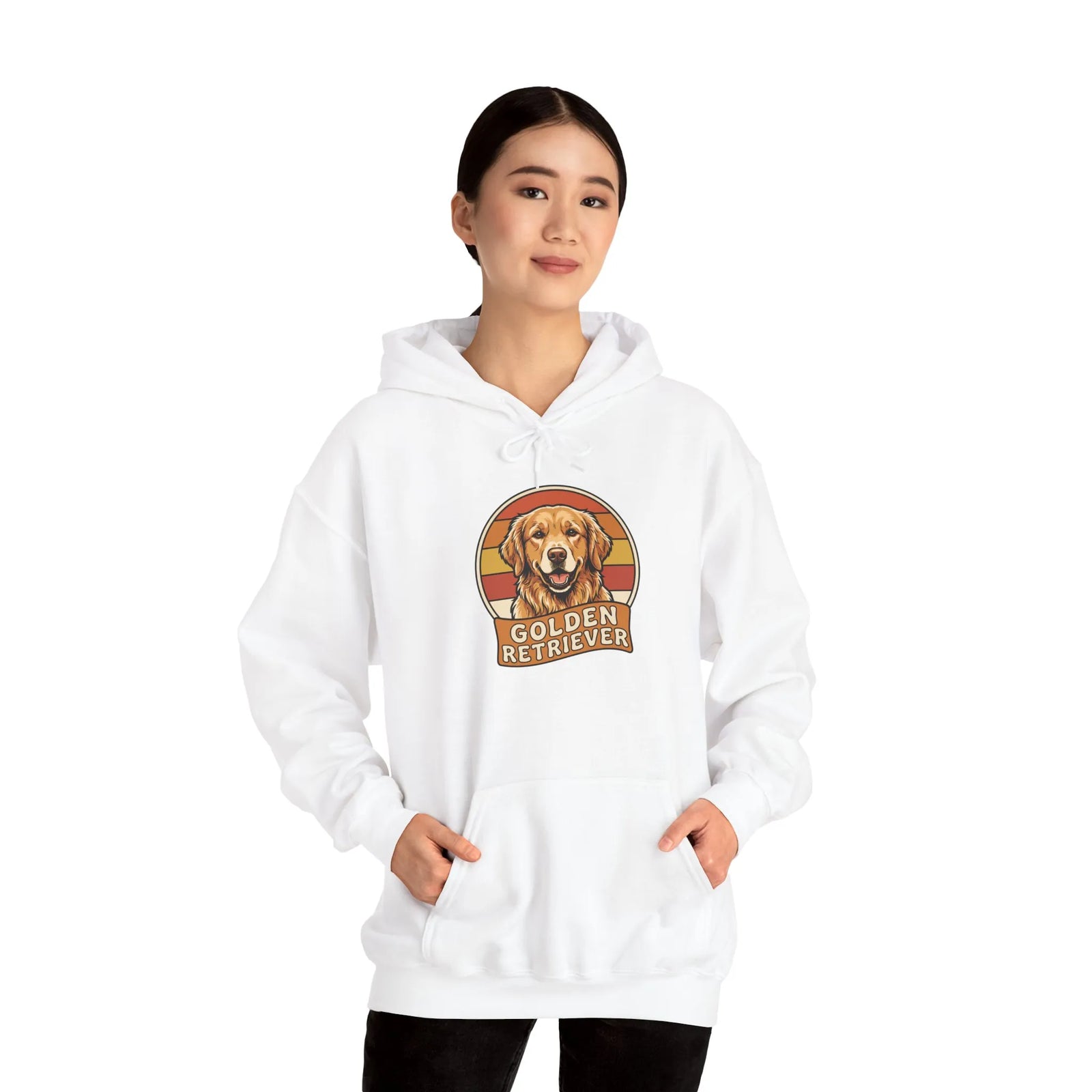 Golden Retriever Retro 70s Sunset Hoodie - Heavy Blend Fleece Pullover - Unisex White