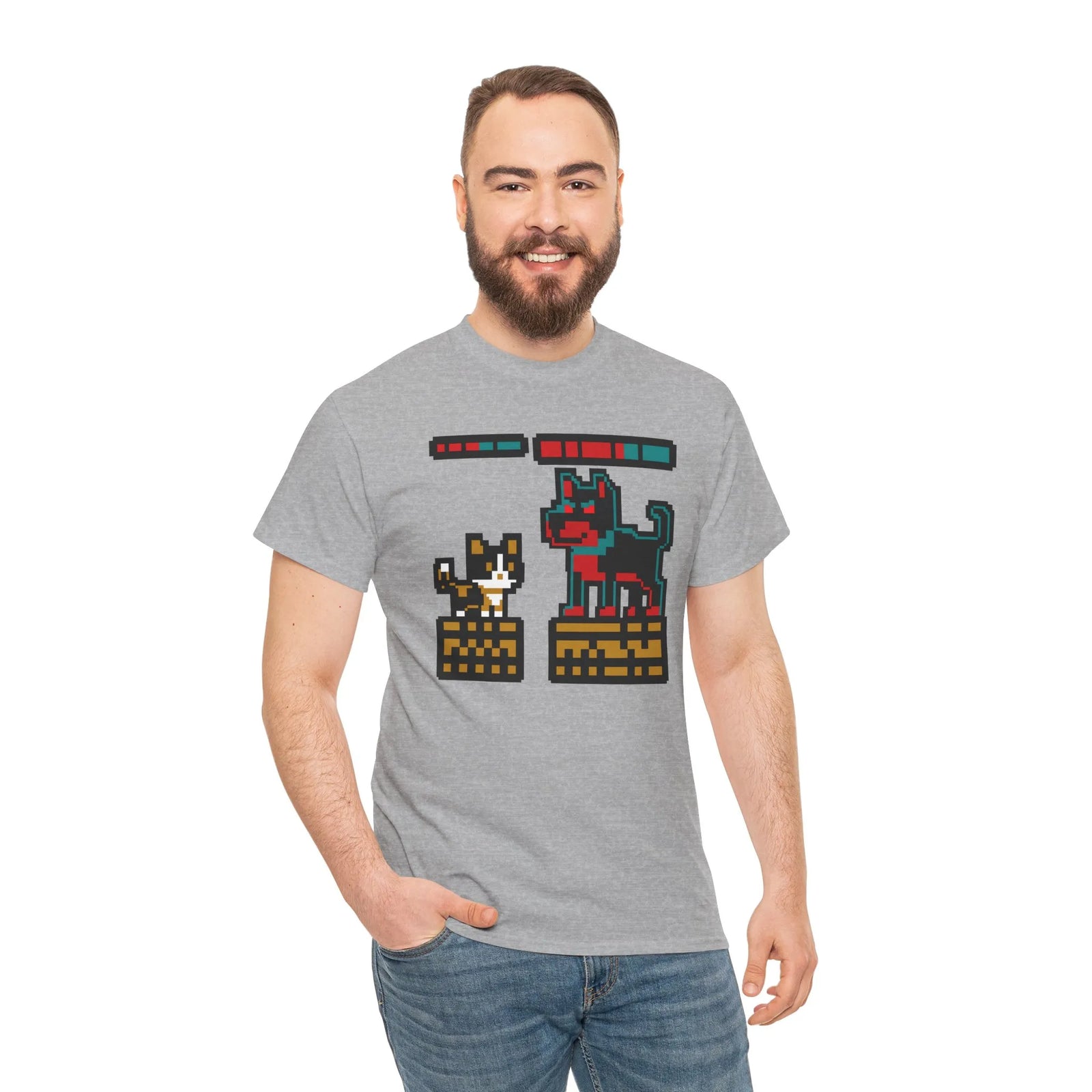 8-Bit Pixel Gaming Cats Boss Fight T-Shirt - Heavy Cotton Classic Fit Tee - Unisex White