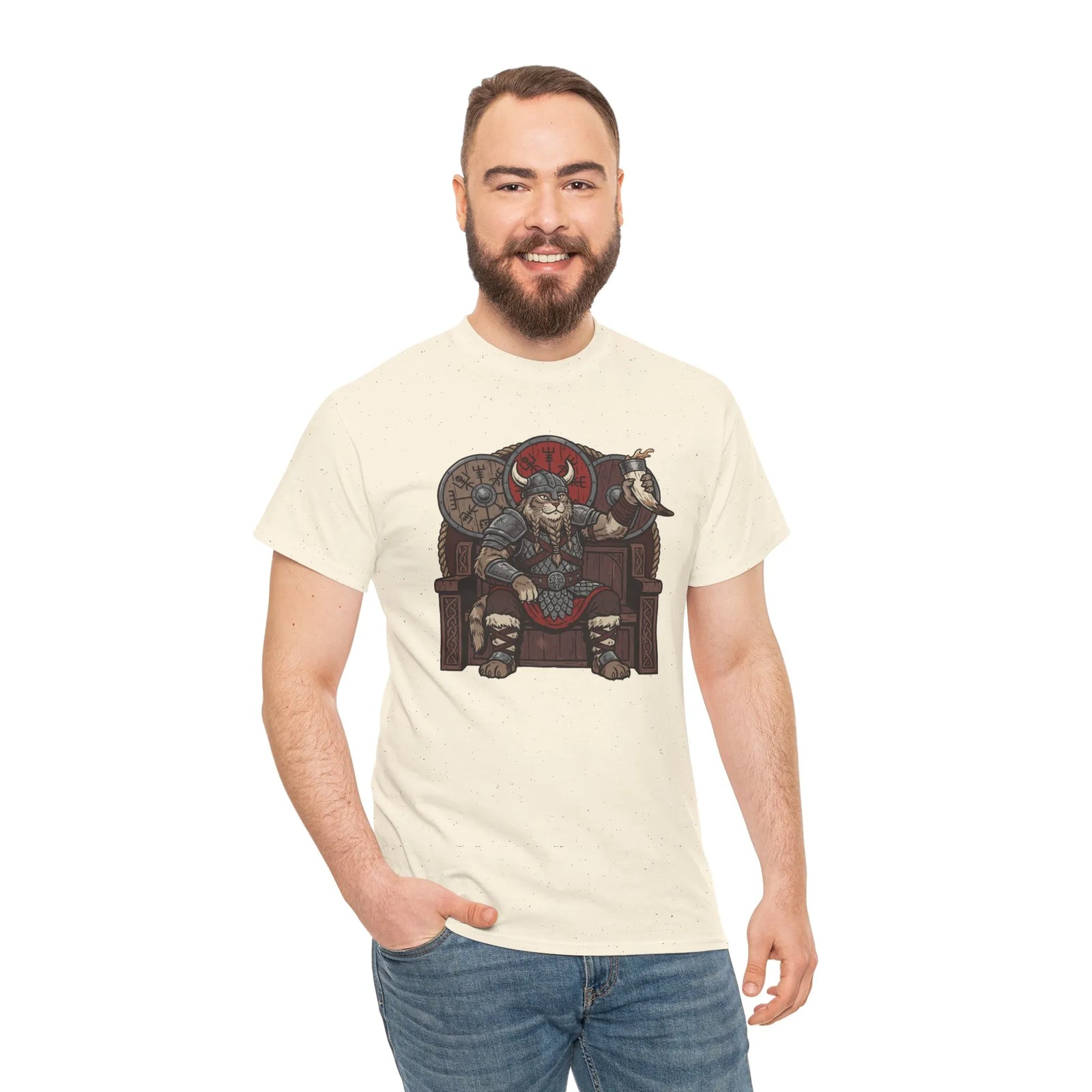 Viking Berserker Cat Graphic T-Shirt - Heavyweight 100% Cotton Classic Tee - Unisex White