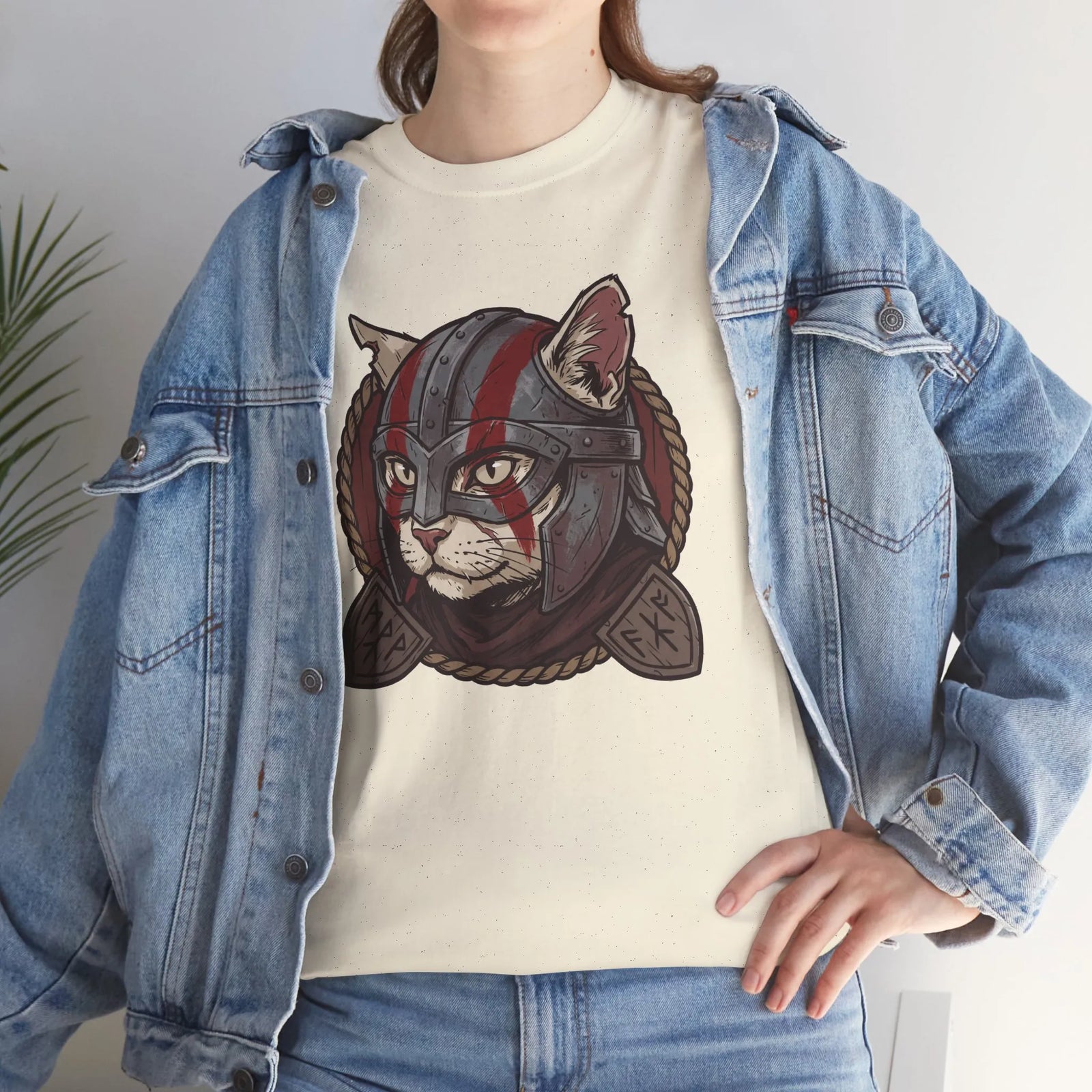 Viking Berserker Cat Graphic T-Shirt - Heavyweight Cotton Classic Fit Tee - Unisex White
