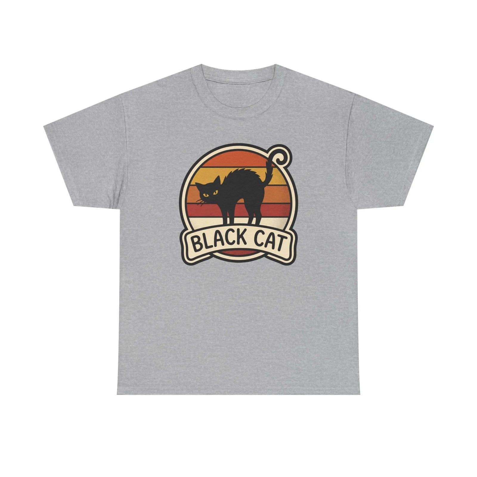 Black Cat Retro Sunset T-Shirt - Heavyweight 100% Cotton Classic Tee - Unisex White