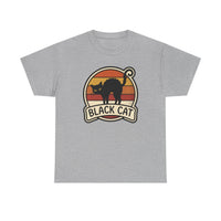 Black Cat Retro Sunset T-Shirt - Heavyweight 100% Cotton Classic Tee - Unisex White