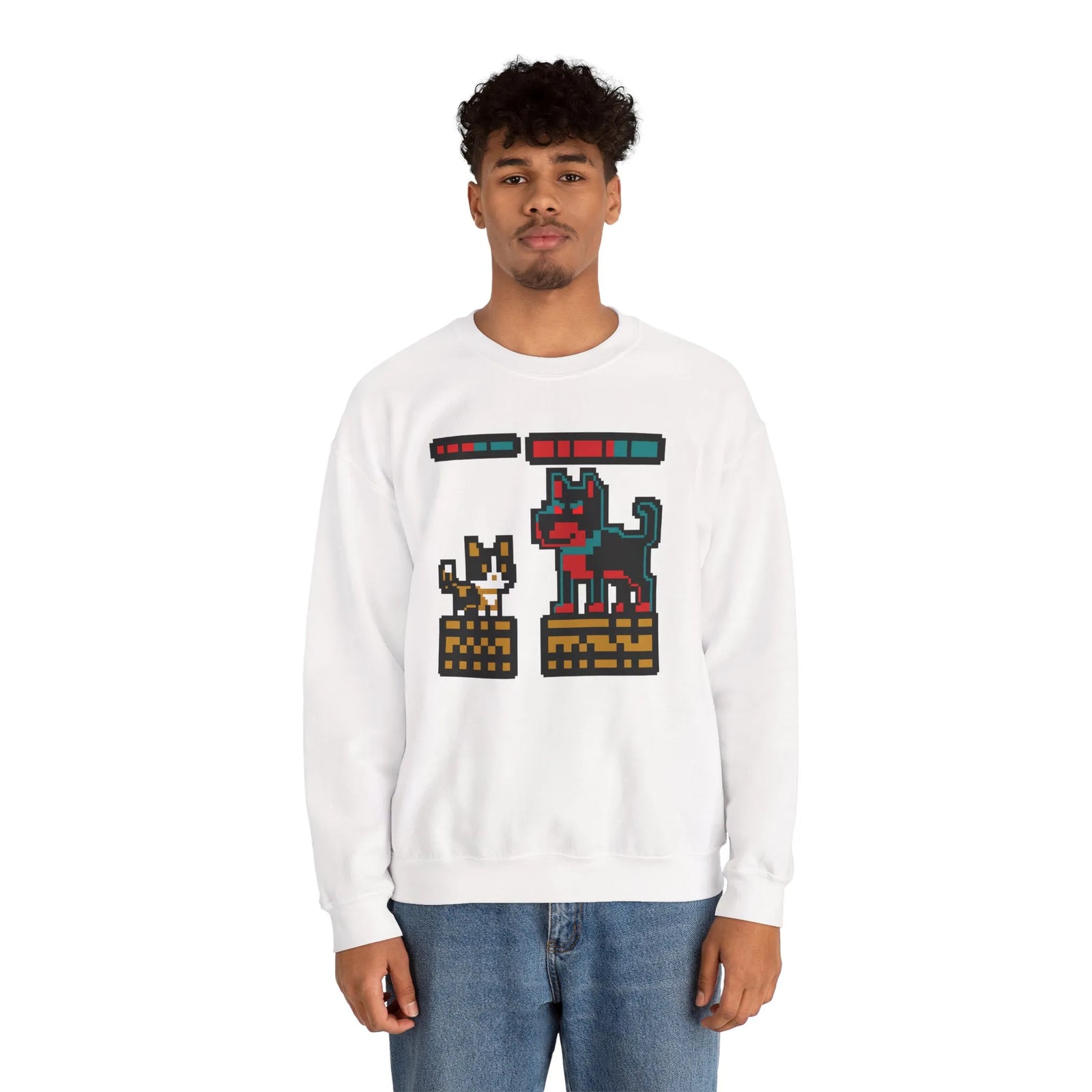 8-Bit Pixel Gaming Cats Boss Fight Sweatshirt - Heavyweight Cotton Blend Crewneck - Unisex Ash