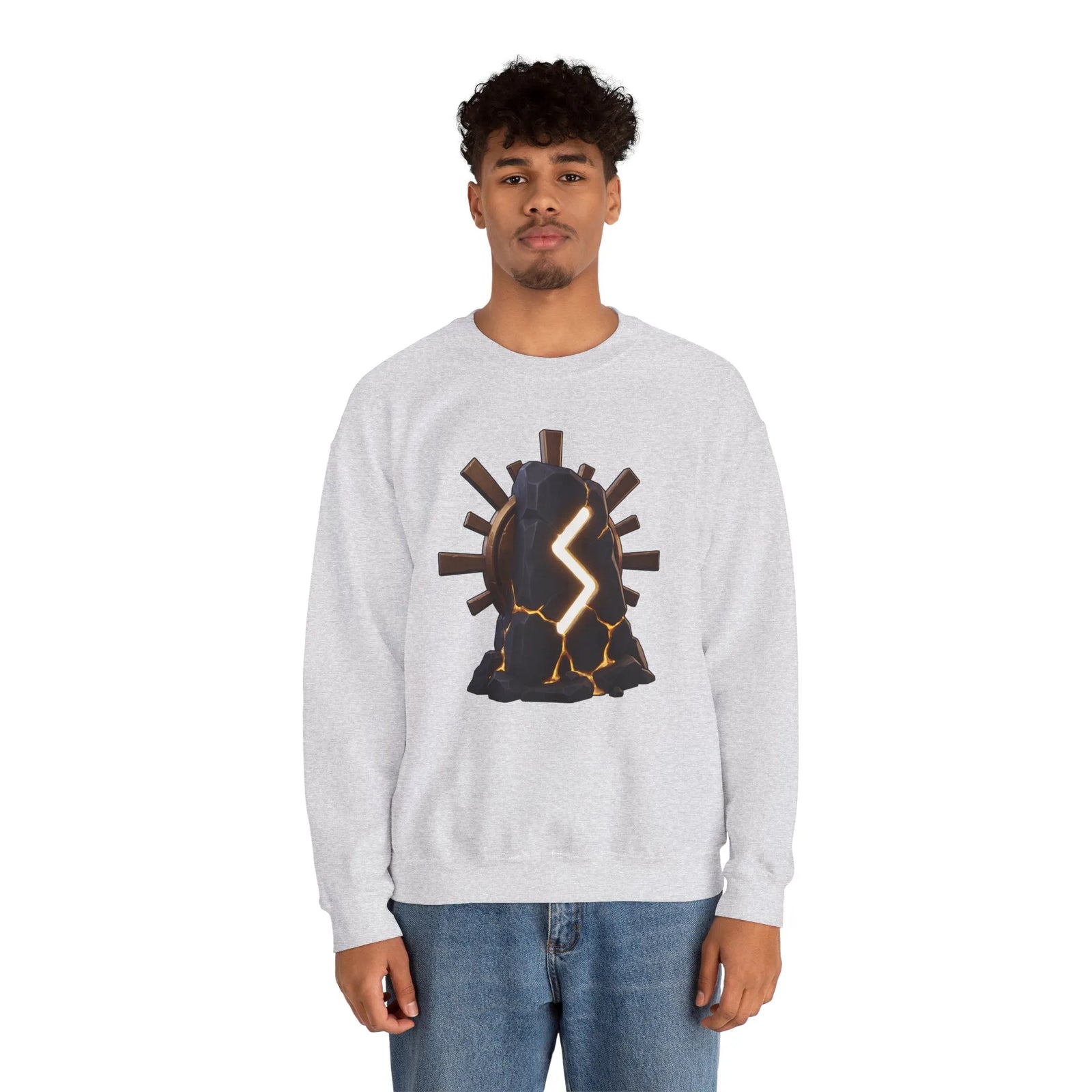 Sowulo Rune Sun Graphic Sweatshirt - Classic Fit Fleece Crewneck - Unisex White