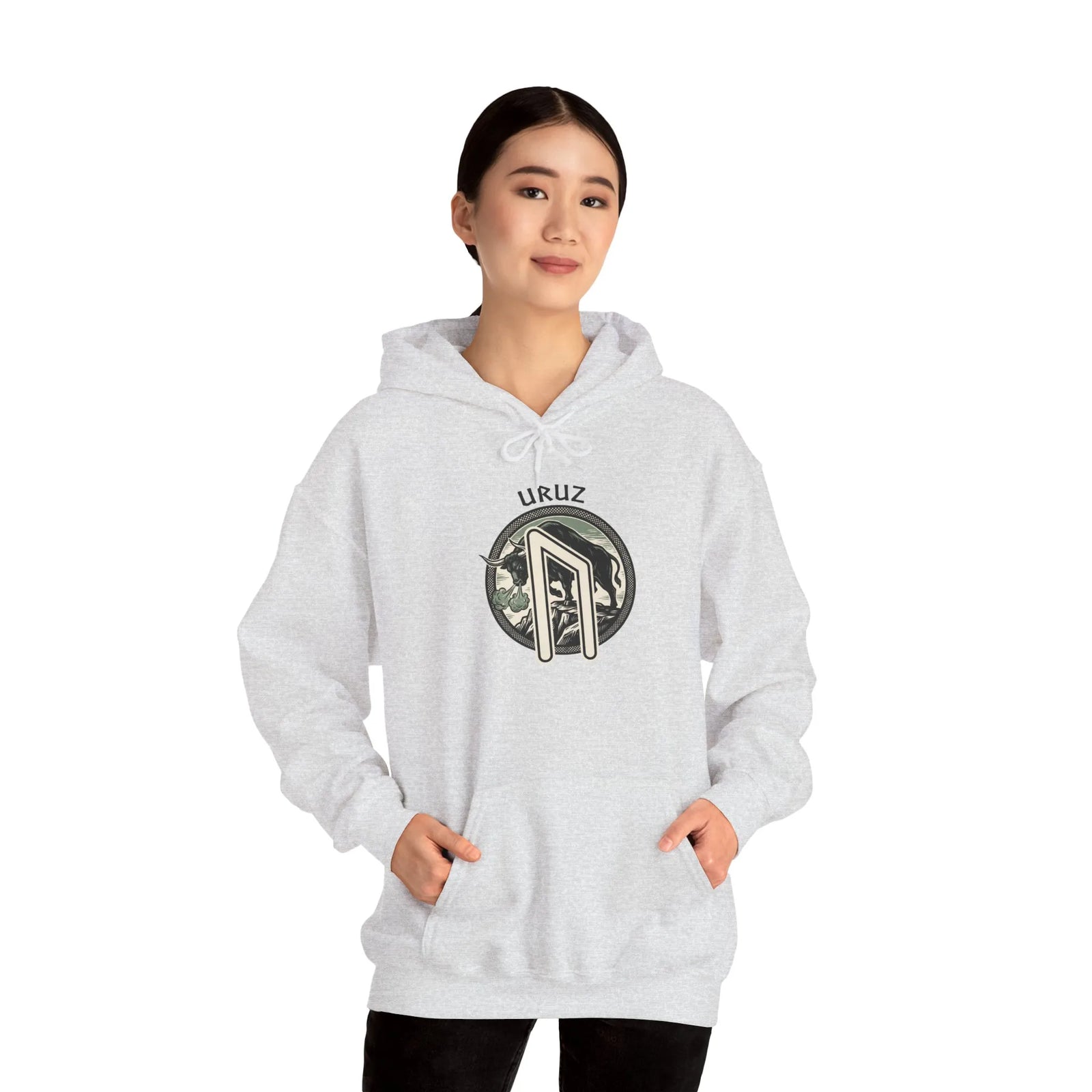 Uruz Rune Bull Norse Graphic Hoodie - Soft Cotton Blend Classic Fit Pullover - Unisex White
