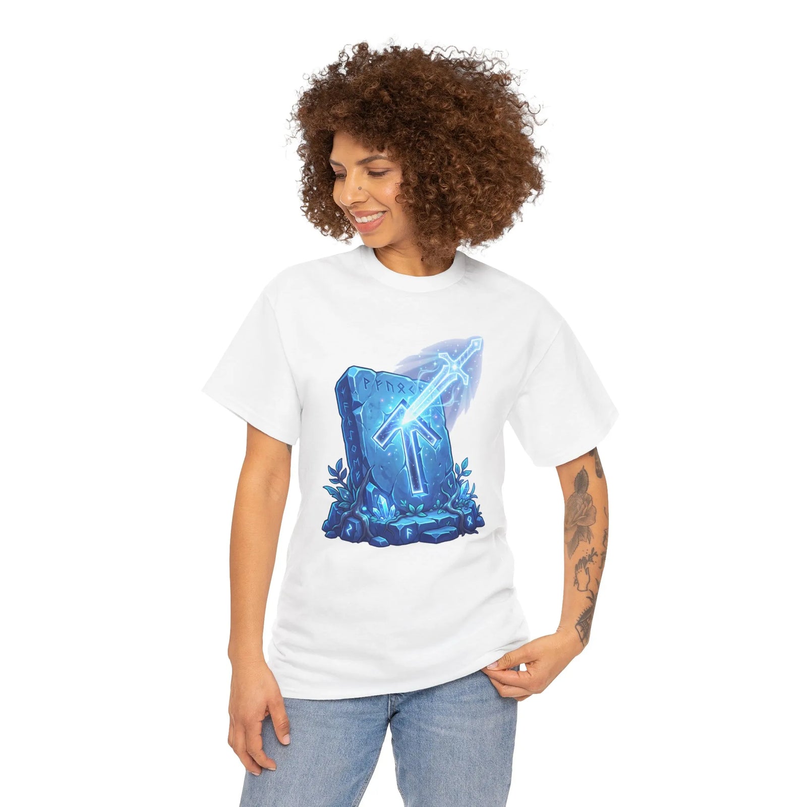 Tiwaz Tyr Sky Sword Graphic T-Shirt - Heavy Cotton Classic Fit Tee - Unisex White