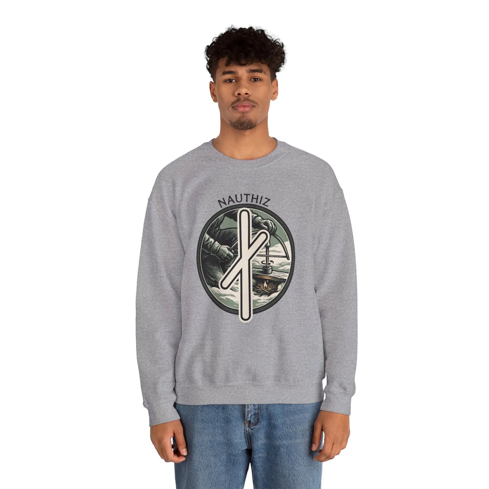 Nauthiz Rune Need-Fire Sweatshirt - Heavy Blend Fleece Crewneck - Unisex White
