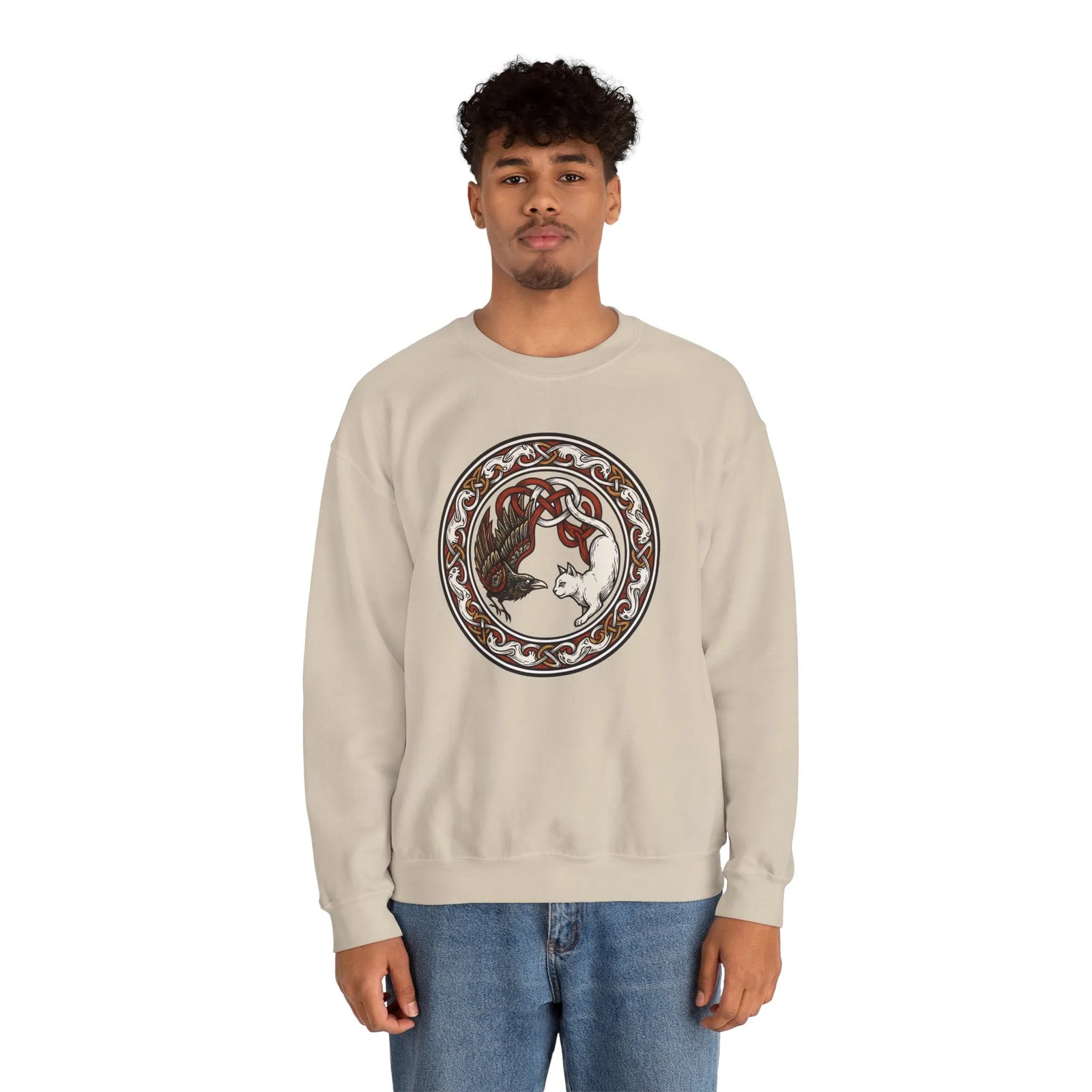 Norse Woodcut Cat & Raven Sweatshirt - Classic Fit Heavy Blend Crewneck - Unisex White