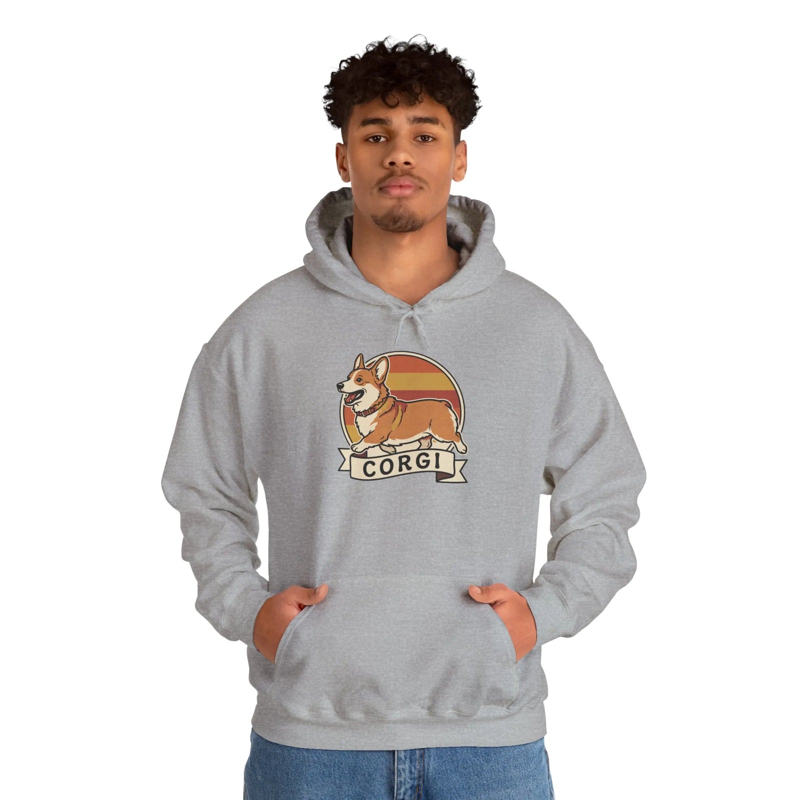 Corgi Retro 70s Sunset Graphic Hoodie - Soft Cotton-Poly Blend Pullover - Unisex White