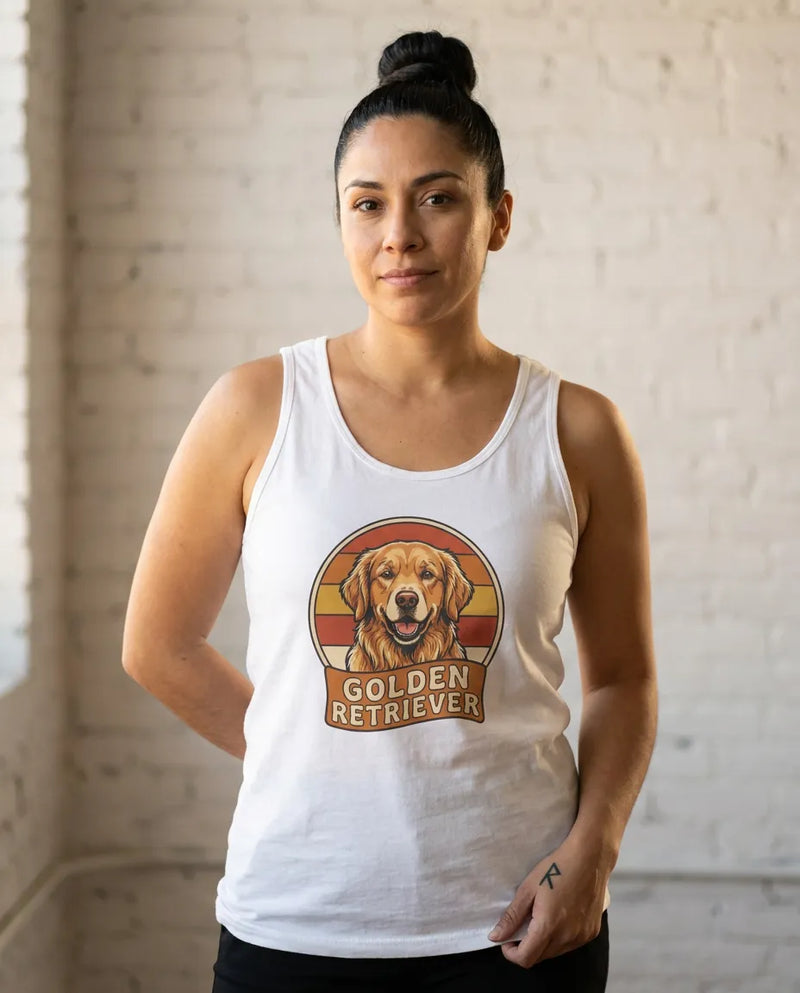 Golden Retriever Retro Sunset Tank Top - Lightweight Cotton Jersey Retail Fit - Unisex Athletic Heather