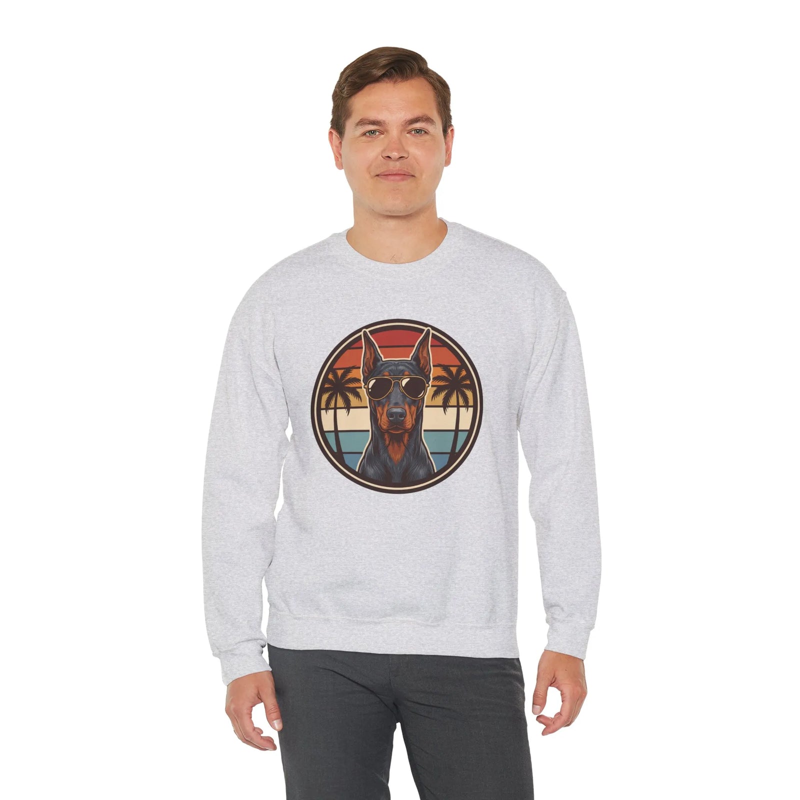 Doberman 70s Sunset Aviators Sweatshirt - Heavy Blend Fleece Crewneck - Unisex White