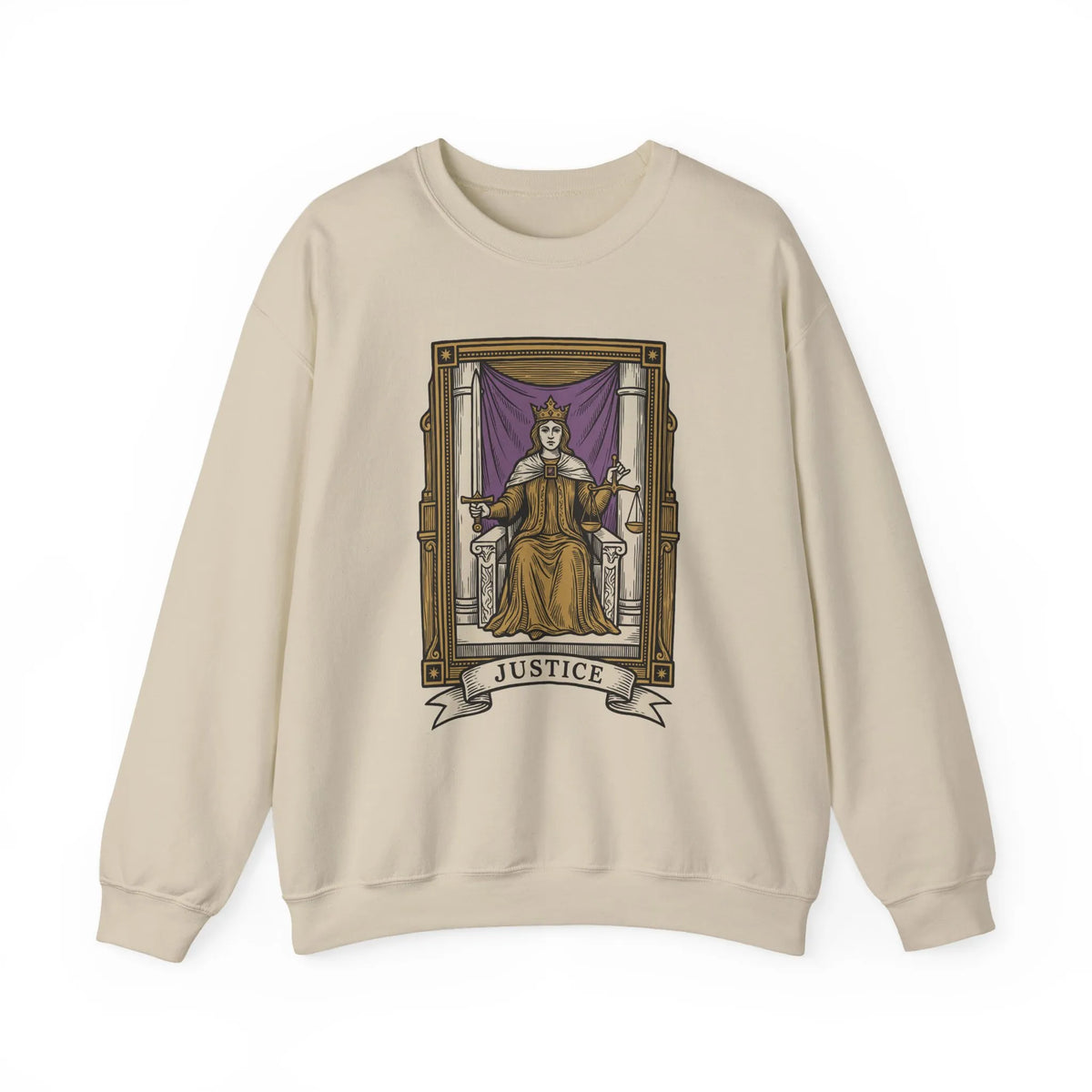 Justice Tarot Card Sweatshirt - Heavy Blend Cotton Poly Crewneck - Unisex White