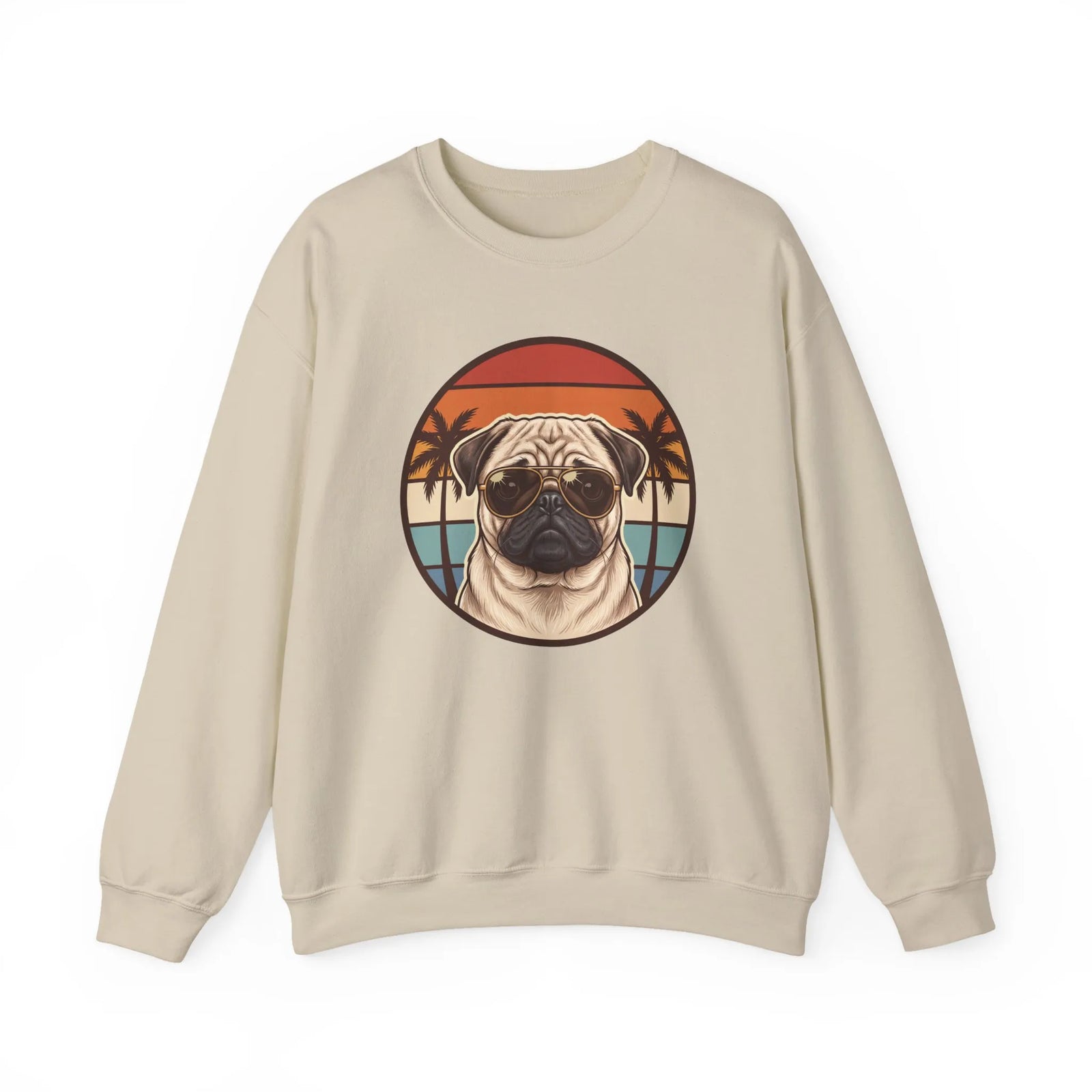 Pug Aviator Dog 70s Sunset Sweatshirt - Heavy Blend Fleece Crewneck - Unisex White