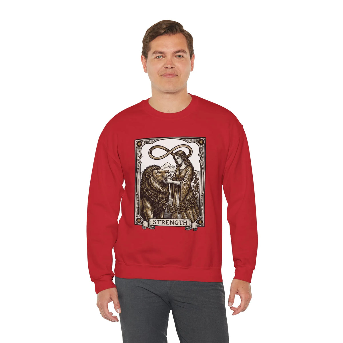 Strength Tarot Card Sweatshirt - Heavy Blend Crewneck Fleece - Unisex White
