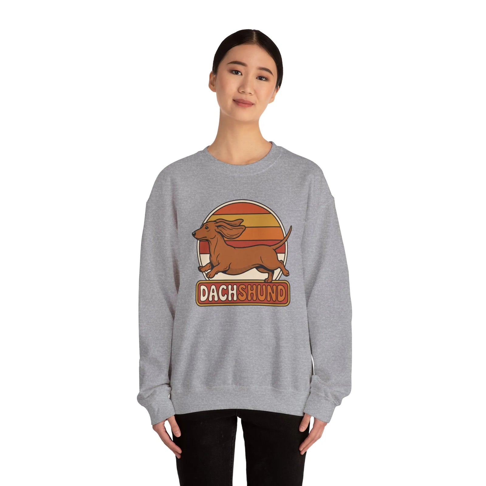 Retro 70s Sunset Dachshund Sweatshirt - Heavy Blend Cotton Blend Crewneck - Unisex White